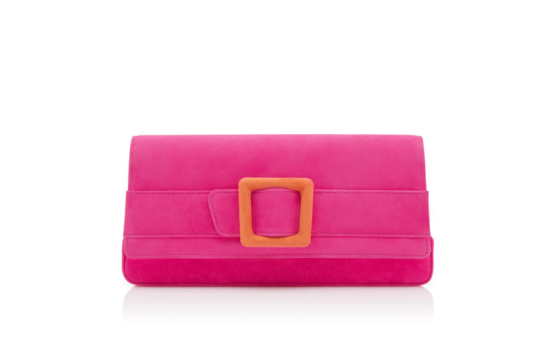 Bright Pink and Orange Suede Buckle Clutch 1