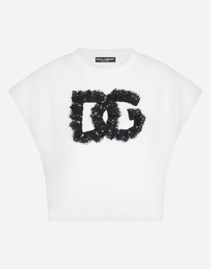 Cropped jersey T-shirt with lace DG embellishment - 3