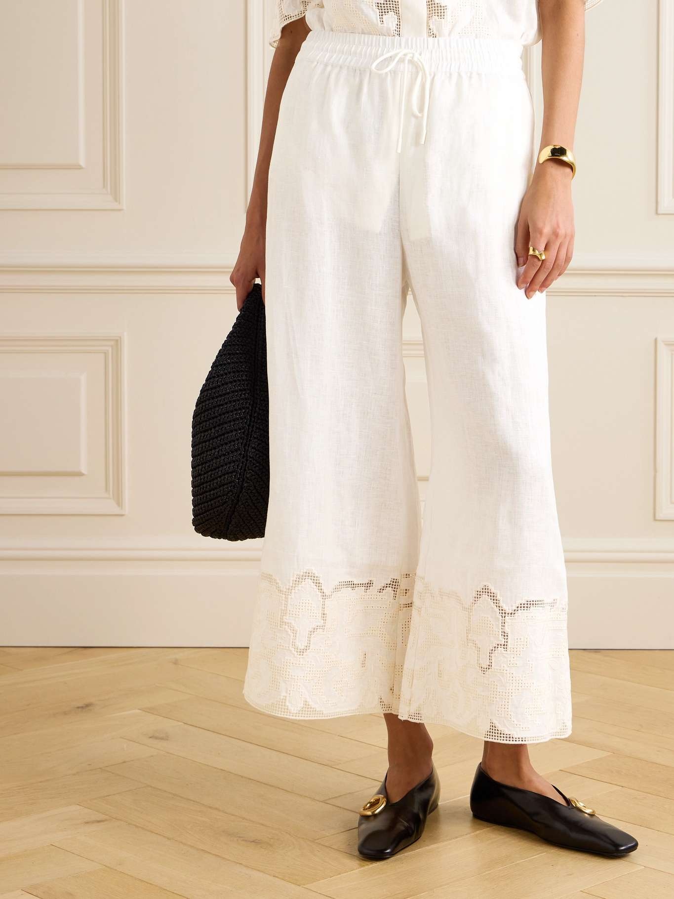 Pegasus cropped embroidered linen wide-leg pants - 3