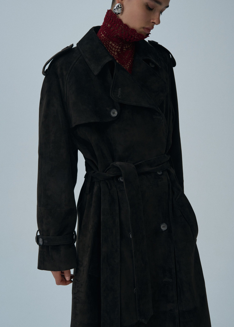 MAGDA BUTRYM Mid-length suede trench coat in brown outlook