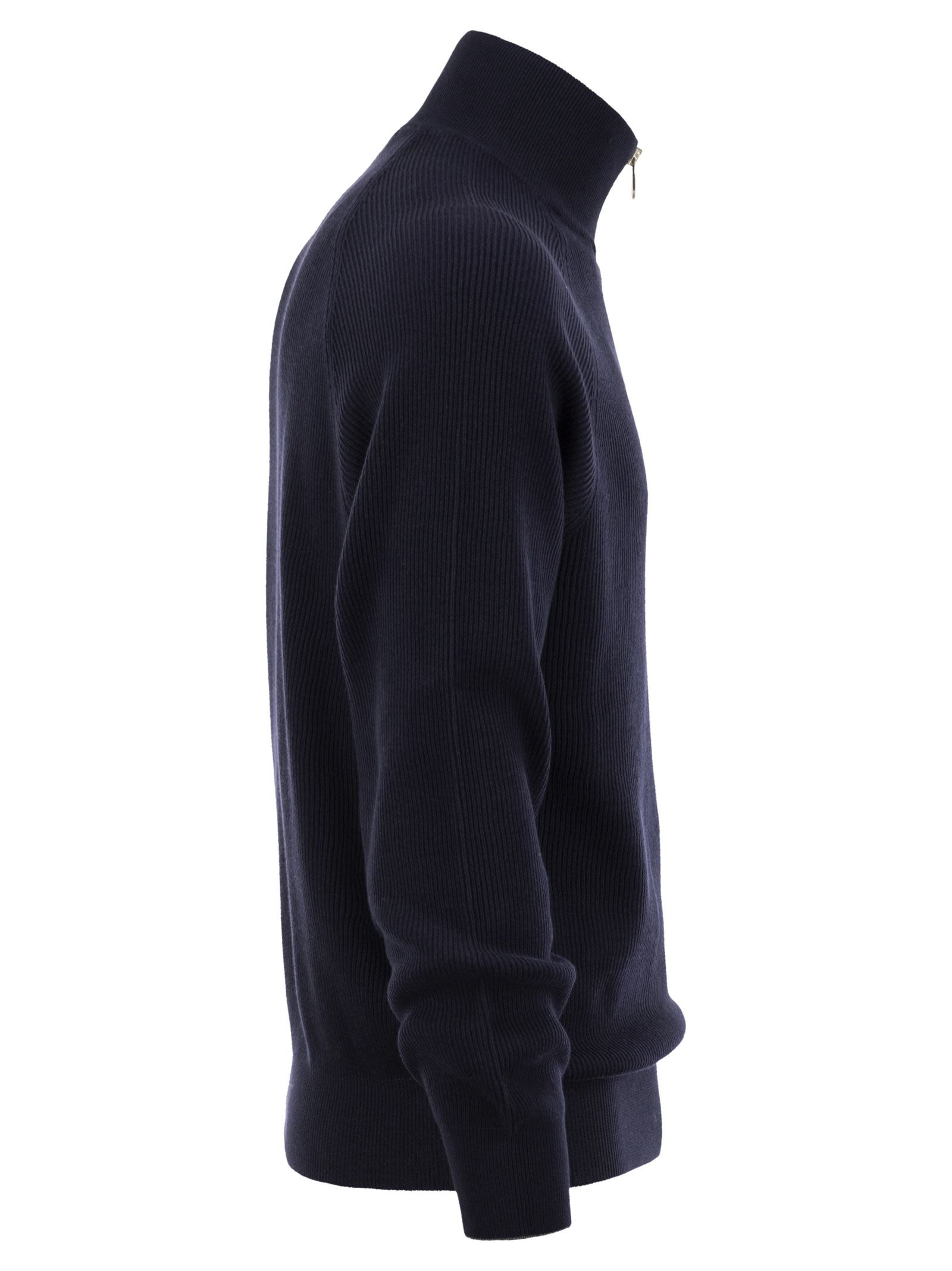 Brunello Cucinelli Men Cotton Rib Sweater With Zip Opening And Raglan Sleeve - 3