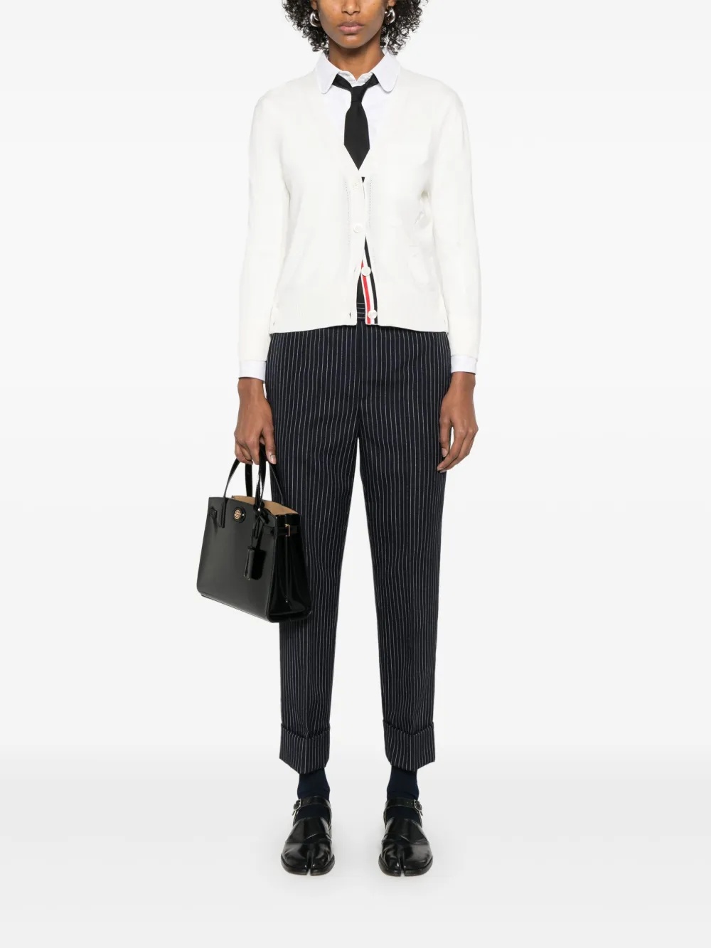 THOM BROWNE - Women Feather Jersey Intarsia Mix Stitch 3/4 Sleeve V Neck Cardigan - 1