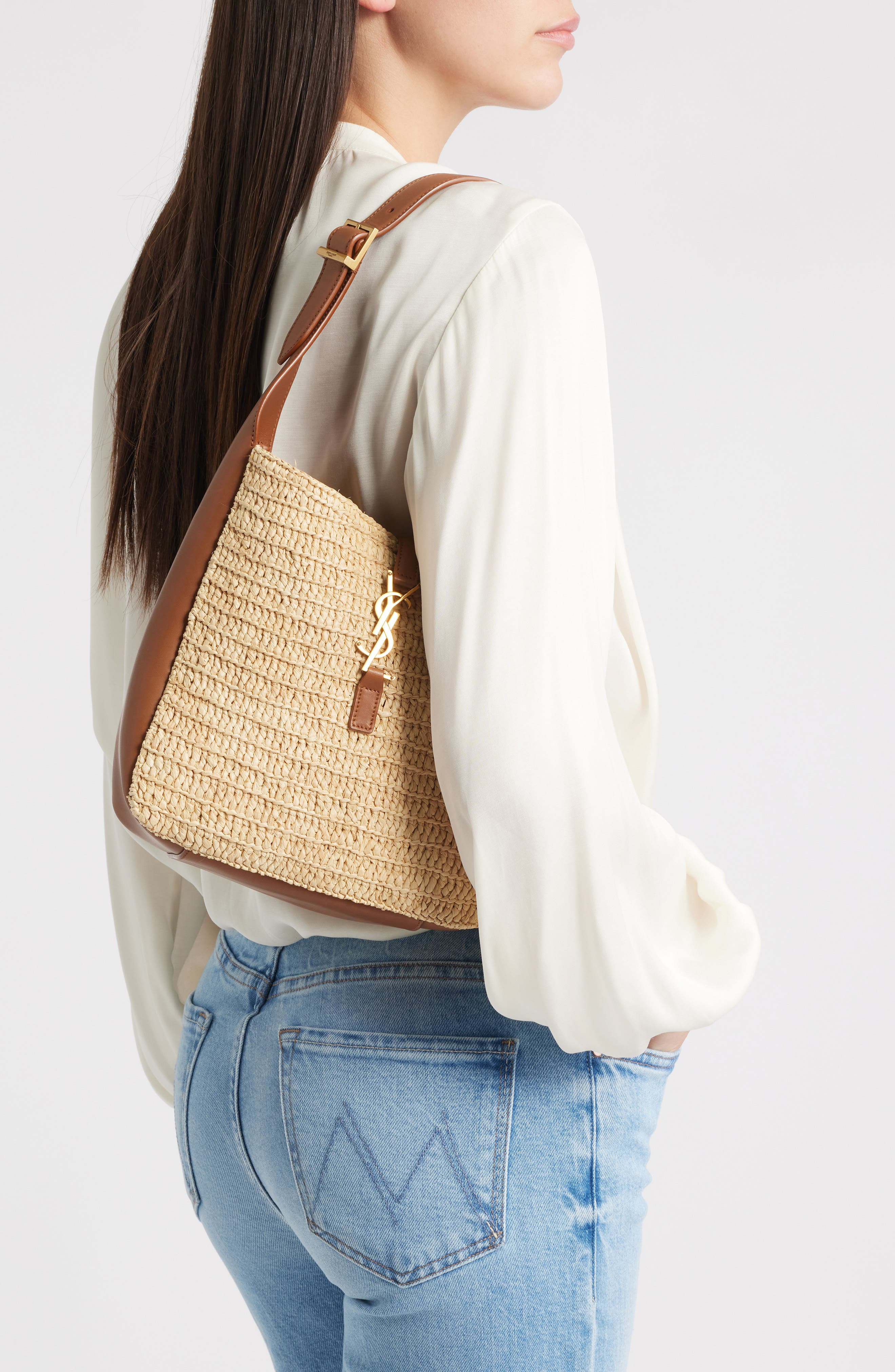 Saint Laurent Le 5 à 7 Raffia & Leather Hobo Bag in Desert Dust/Brick Canvas at Nordstrom - 2
