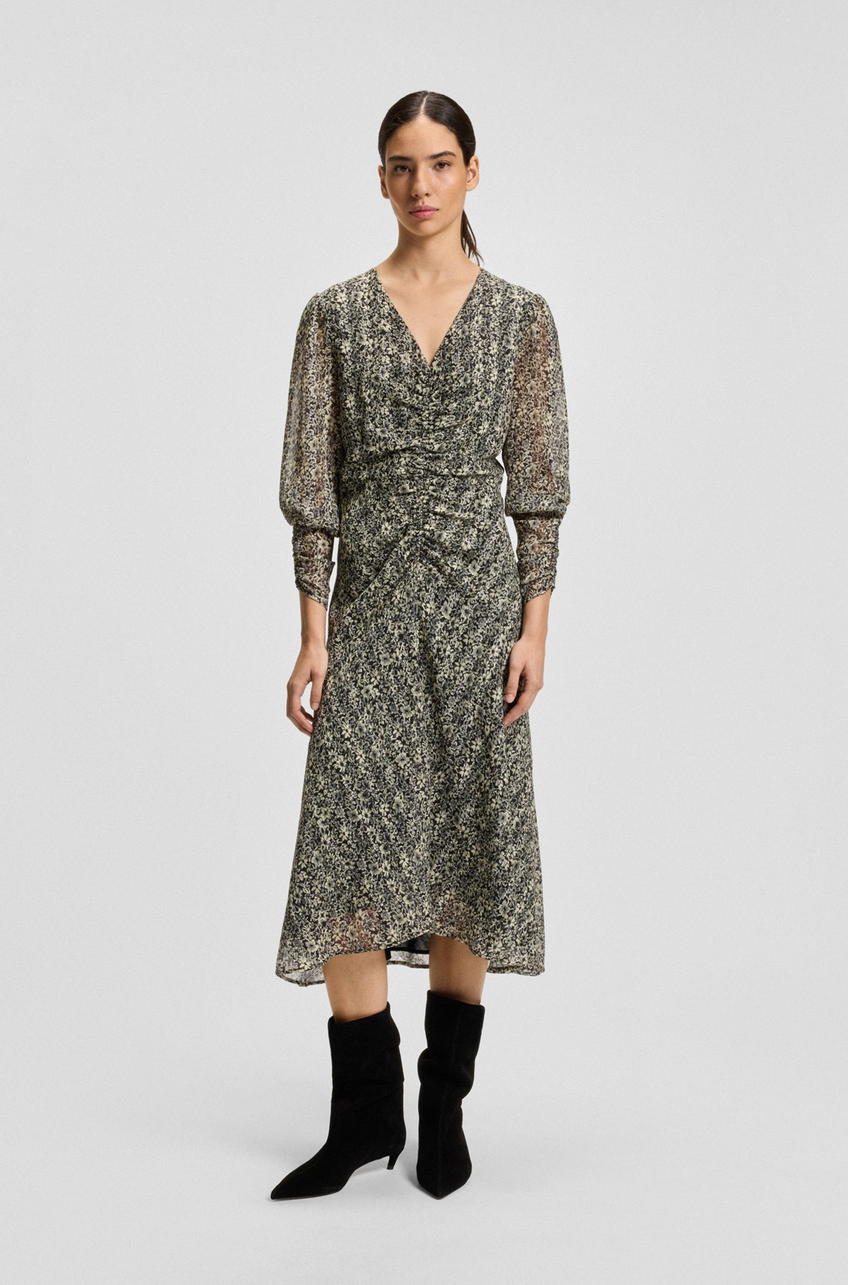 PRINTED-SEERSUCKER MIDI DRESS WITH GATHERED DETAILS - 3