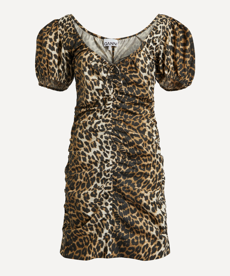Leopard-Printed Gathered U-Neck Mini-Dress 1