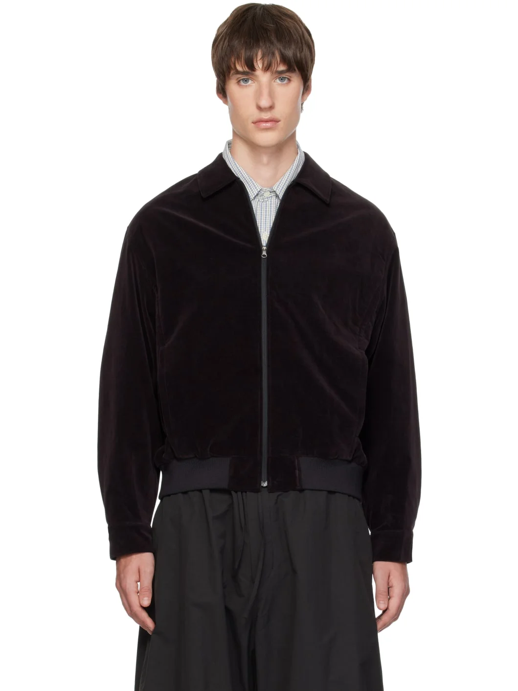 Brown Velvet Zip-Up Bomber Jacket - 1