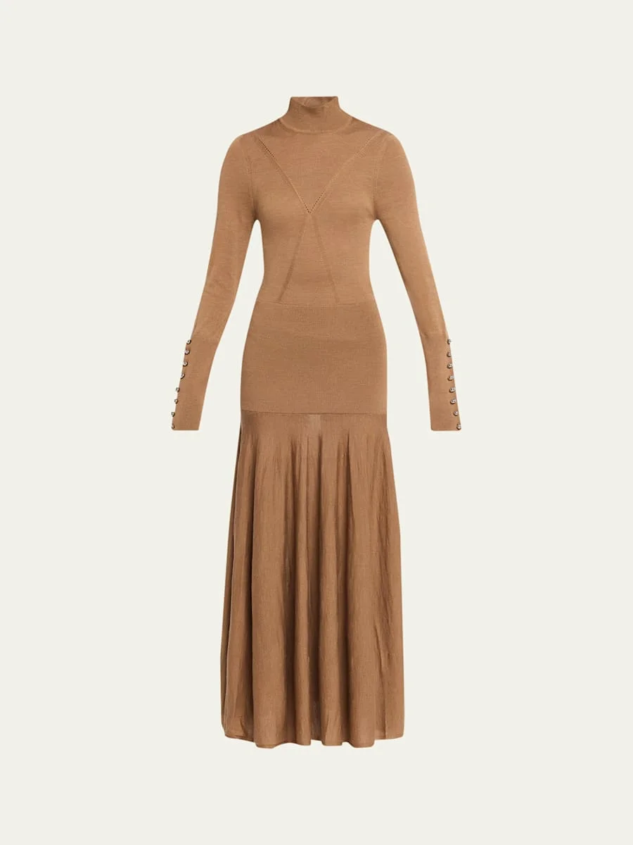 Turtleneck Wool-Silk Knit Drop-Waist Maxi Dress - 1