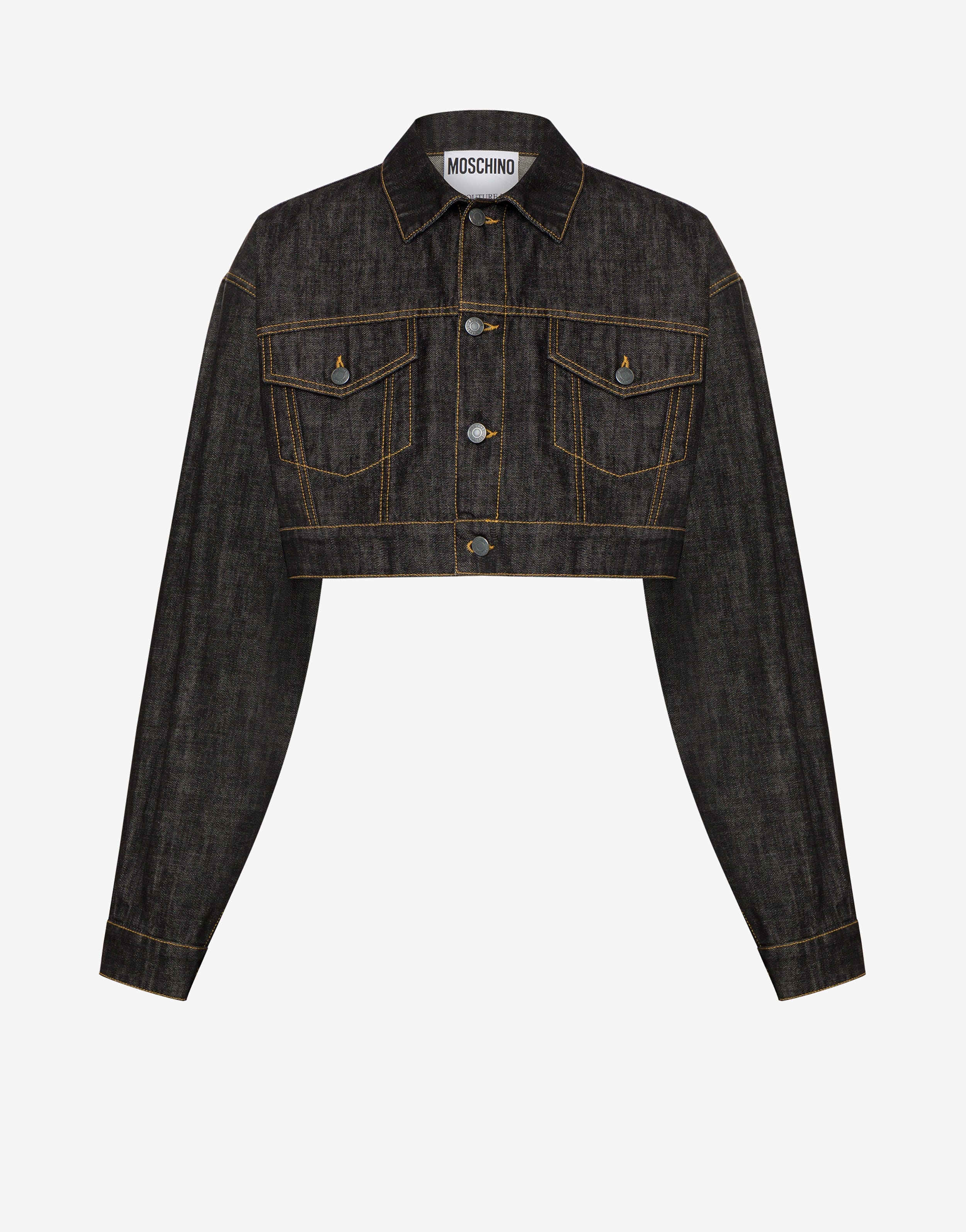 LOGO LABEL BLACK DENIM CROPPED JACKET - 1
