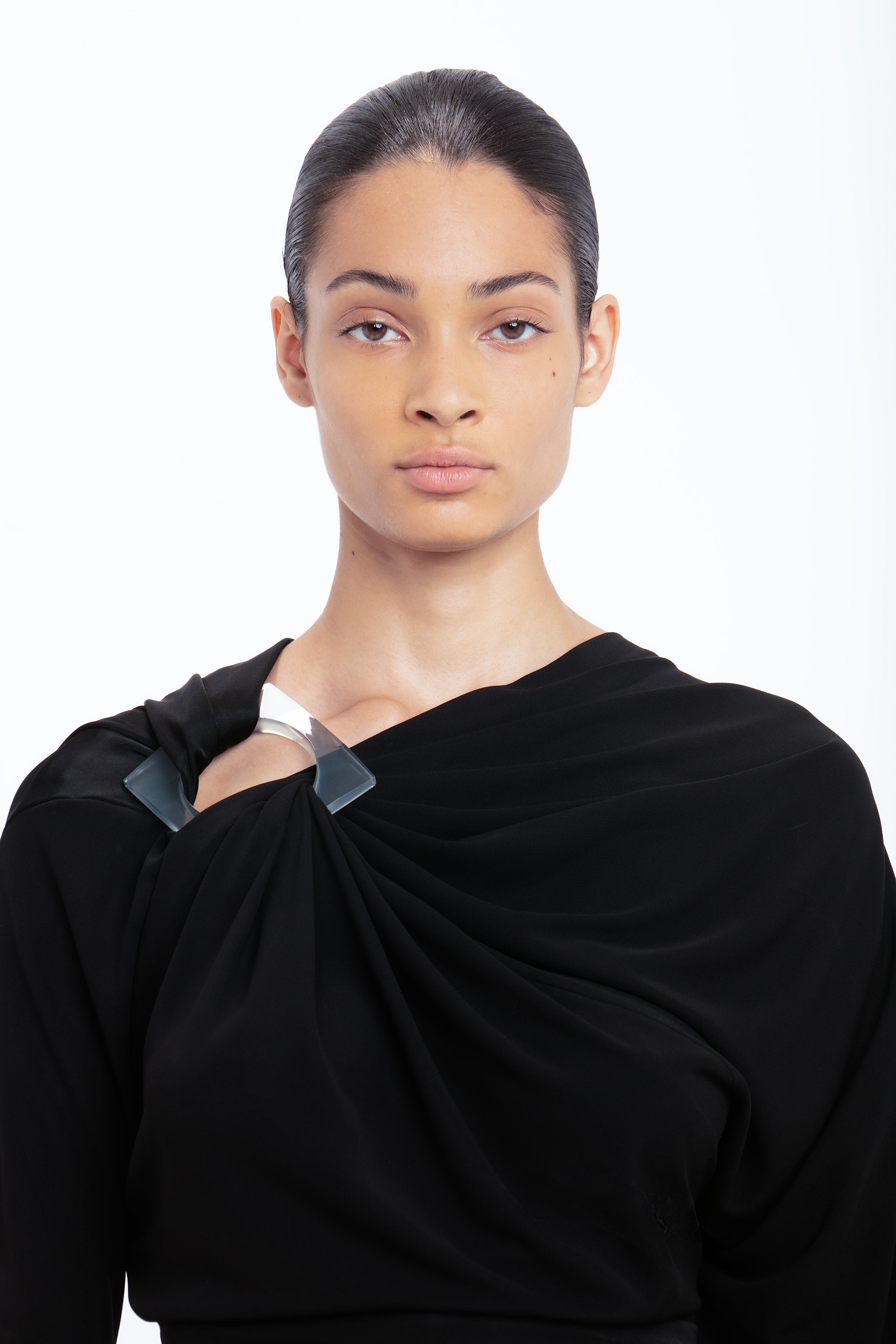 Long Sleeve Draped Jersey Top In Black - 5