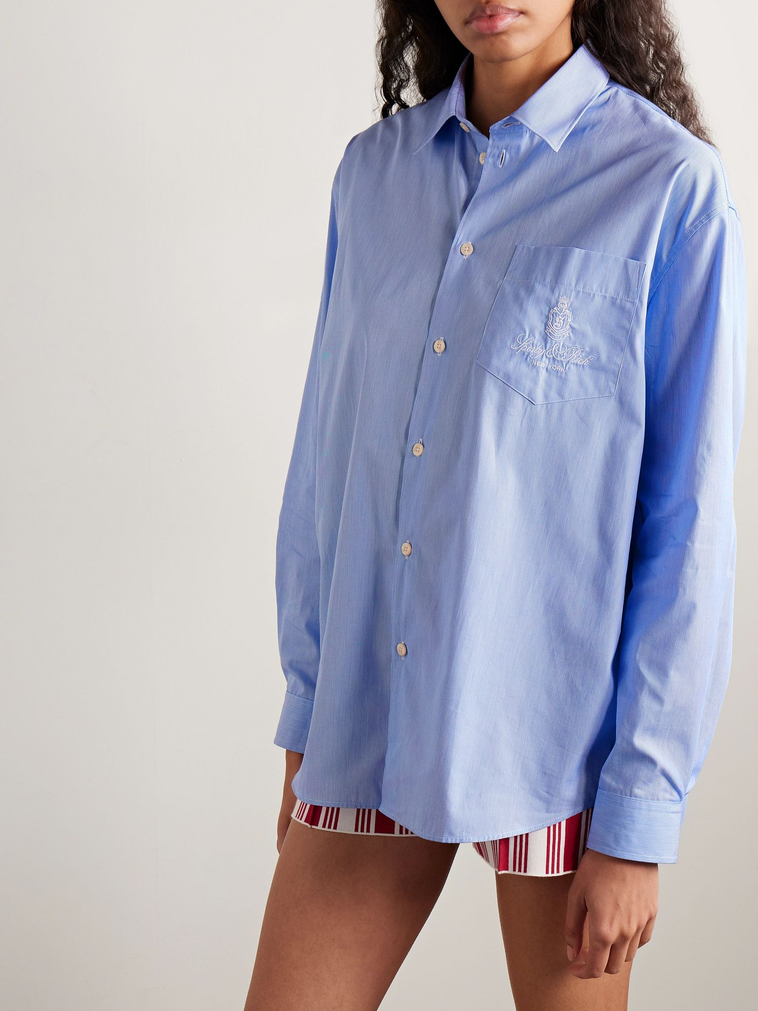 Vendome oversized embroidered pinstriped cotton-poplin shirt Light blue - 3