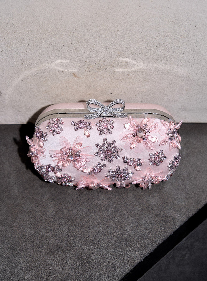 self-portrait Pink Satin Floral Crystal Clutch outlook
