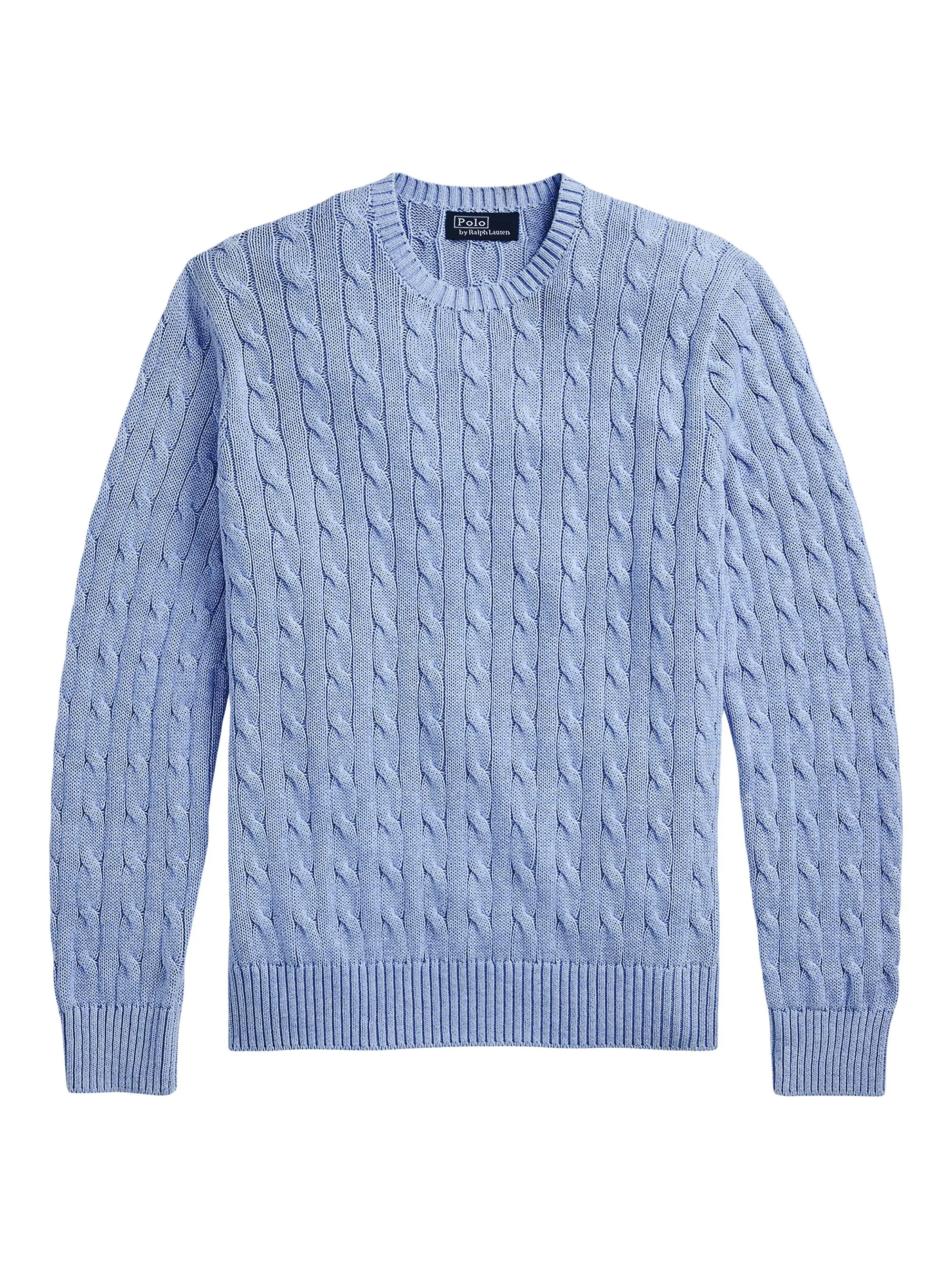 Men's Cable-Knit Cotton Crewneck Sweater - Blue Hyacinth Heather - 1
