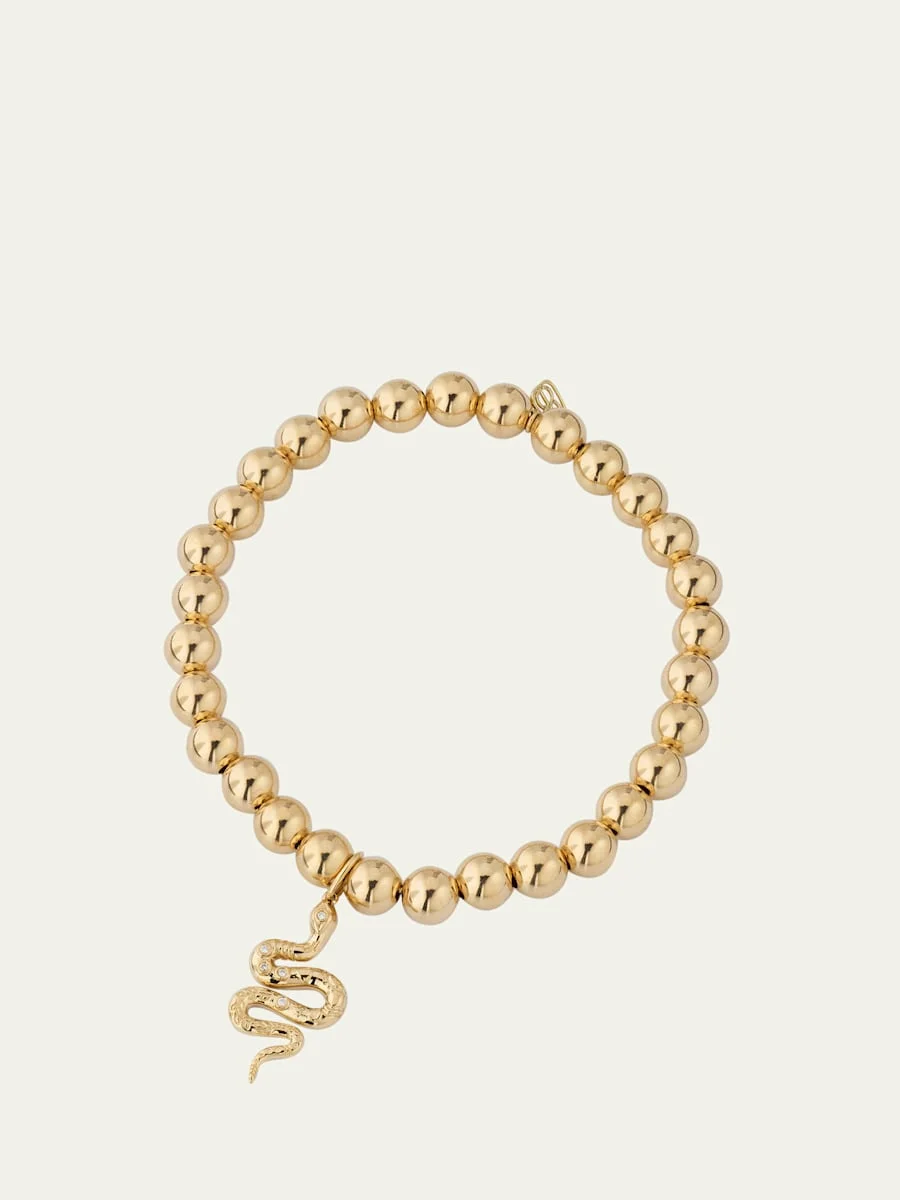 14K Yellow Gold Etched Snake Charm Bead Bracelet - 1