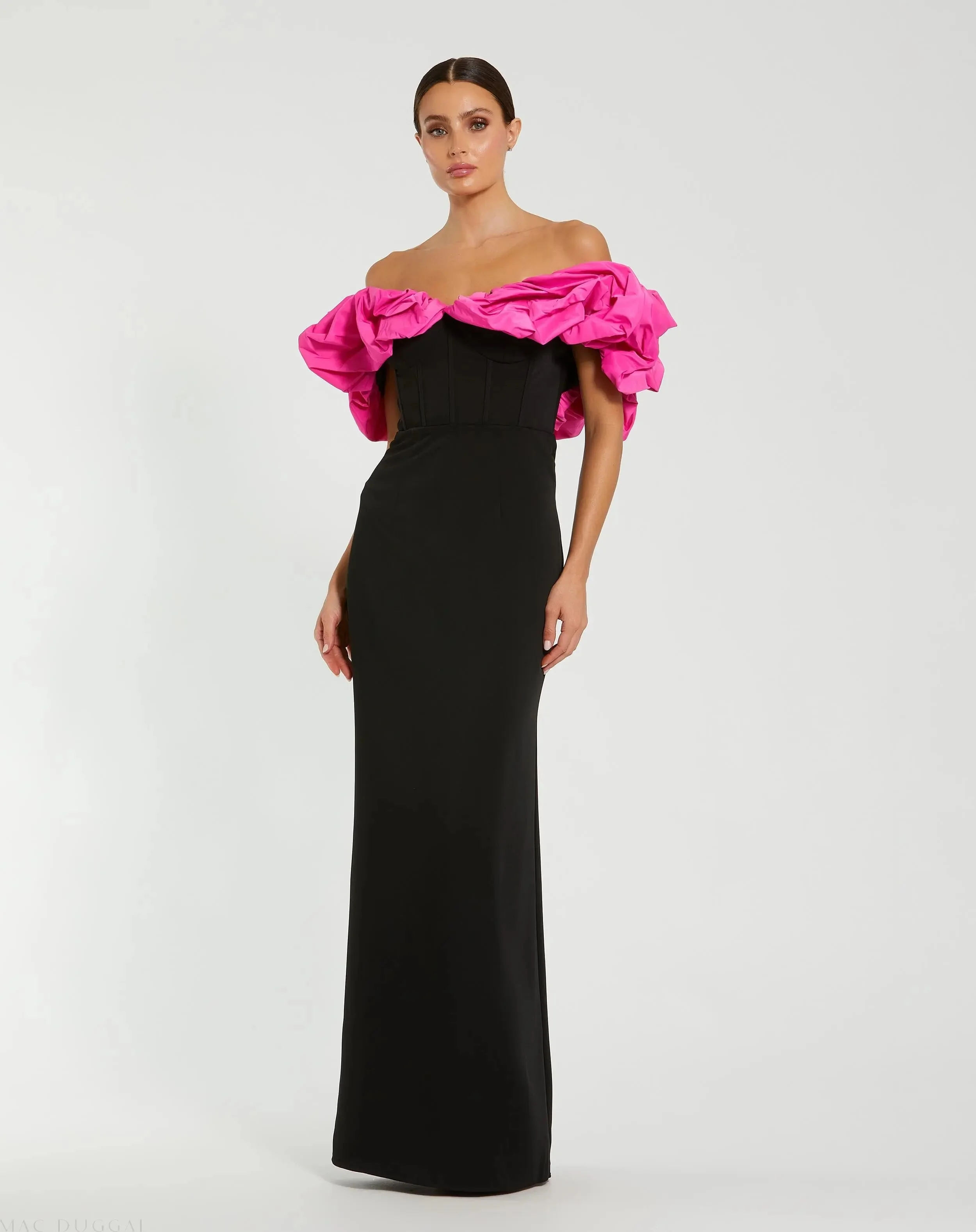 Black Crepe & Faille Off The Shoulder Gown - 1