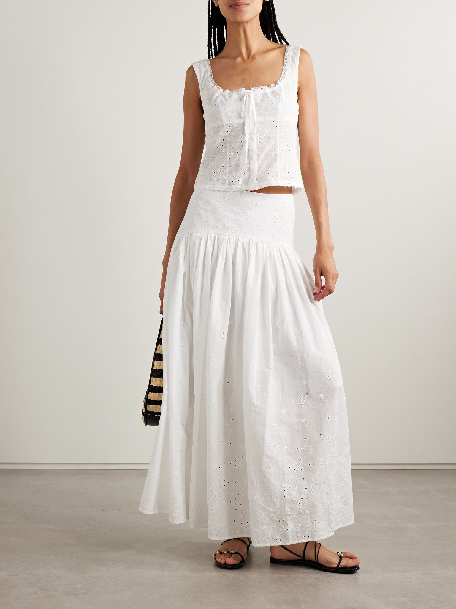 Procida gathered broderie anglaise cotton maxi skirt White - 2
