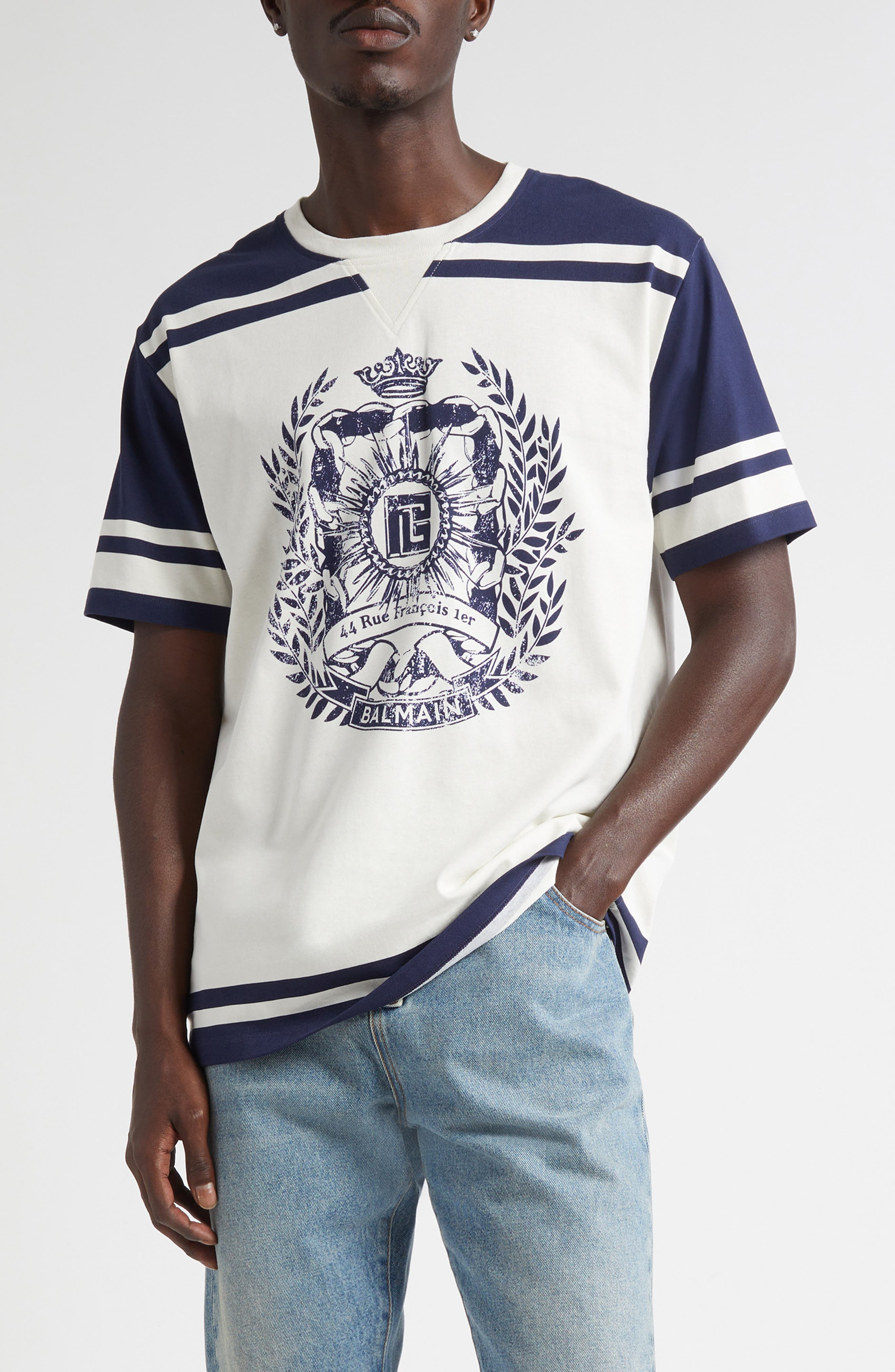 Balmain Emblem Varsity T-Shirt in Gtj Cream/Navy at Nordstrom - 1