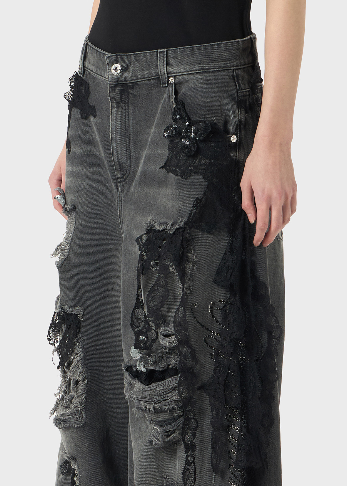 DESTROYED EXTRA BAGGY JEANS WITH LACE TRIM - 5
