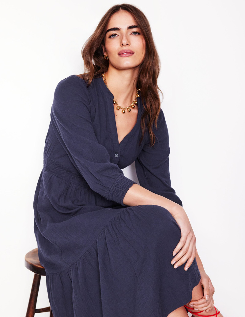 Elena Double Cloth Midi Dress-Navy 5