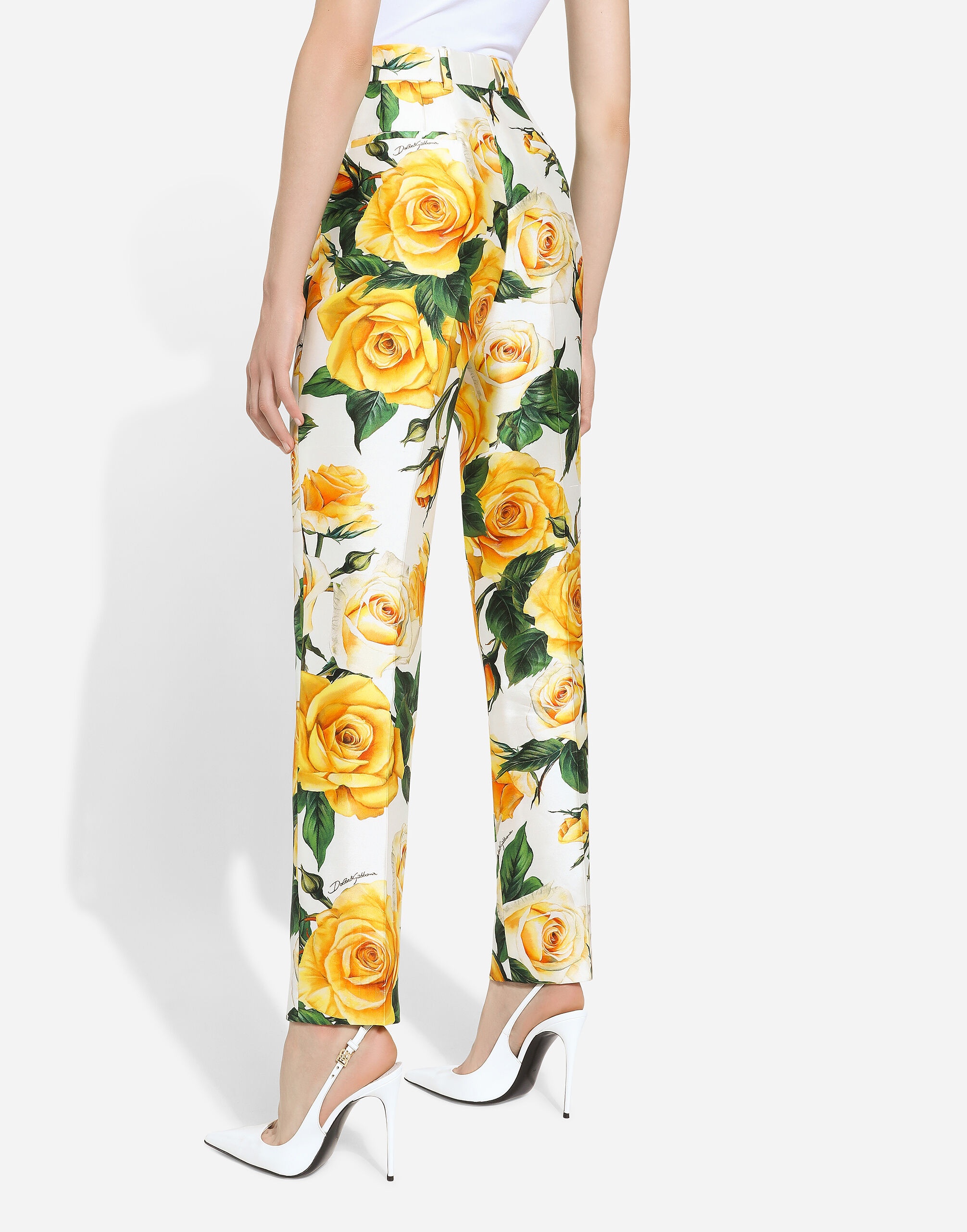High-waisted mikado pants with yellow rose print - 4