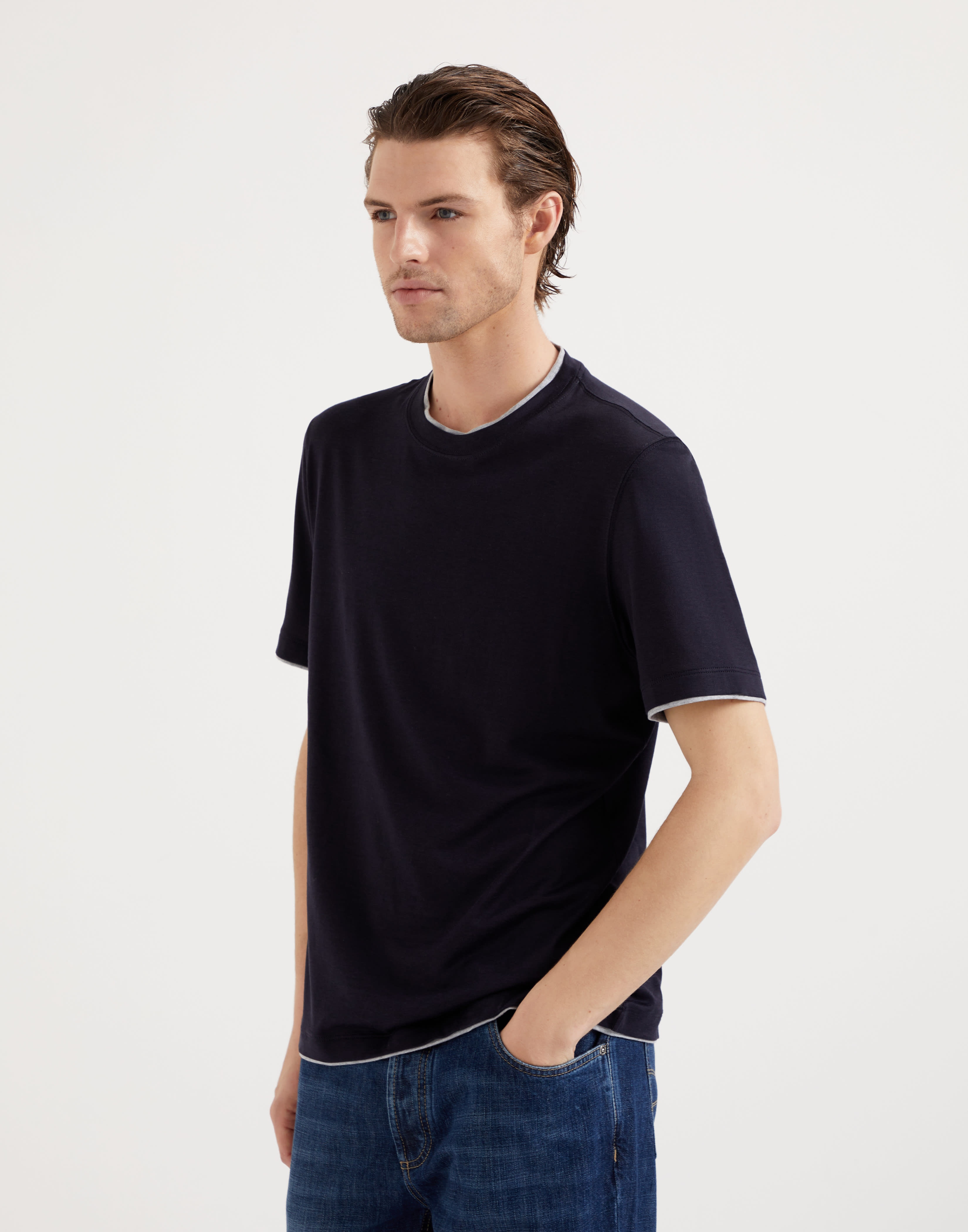 Silk and cotton lightweight jersey crew neck T-shirt with faux-layering - 1