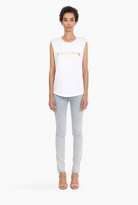 White eco-designed cotton T-shirt with gold Balmain logo print - 4