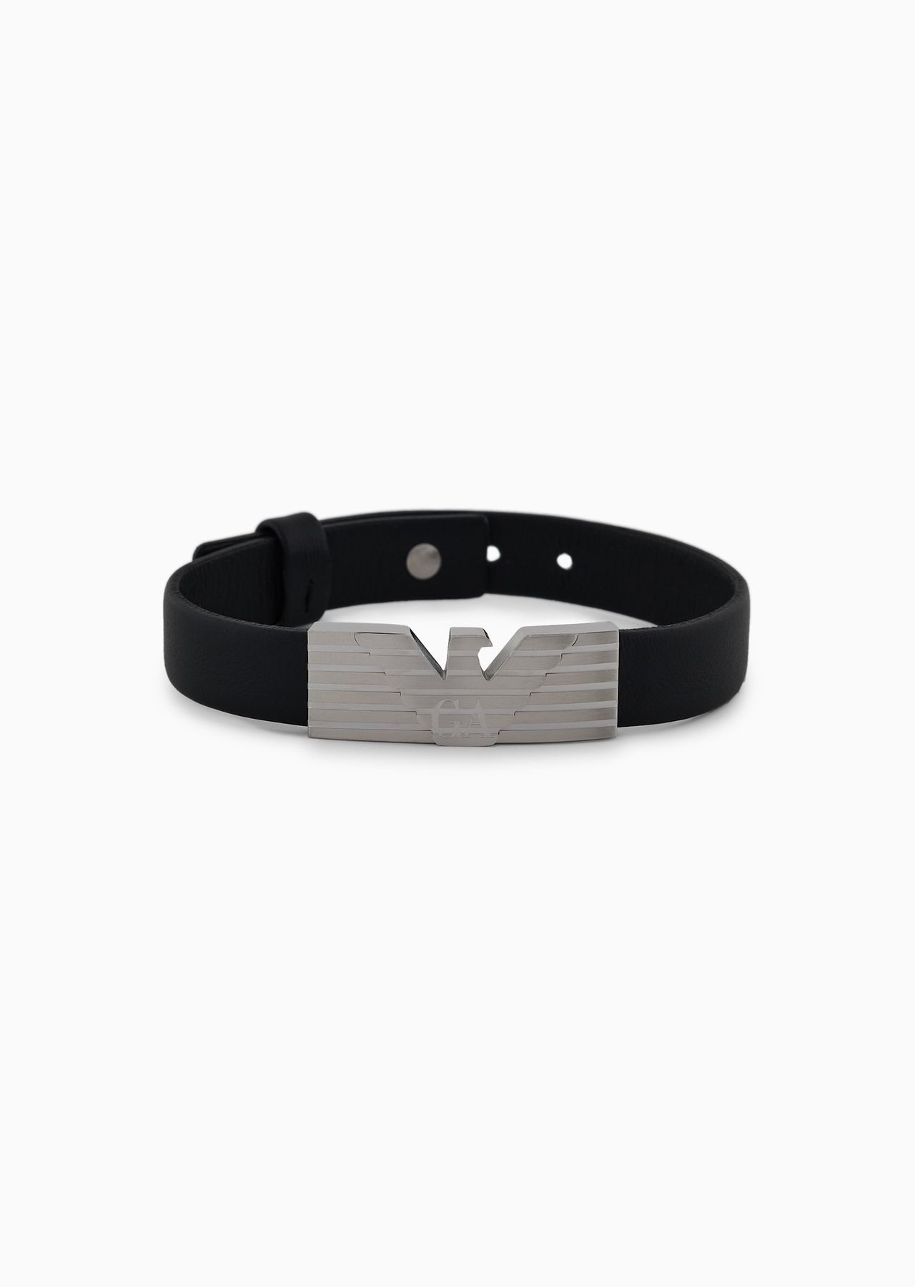 Stainless Steel and Black Leather Strap ID Bracelet - 1