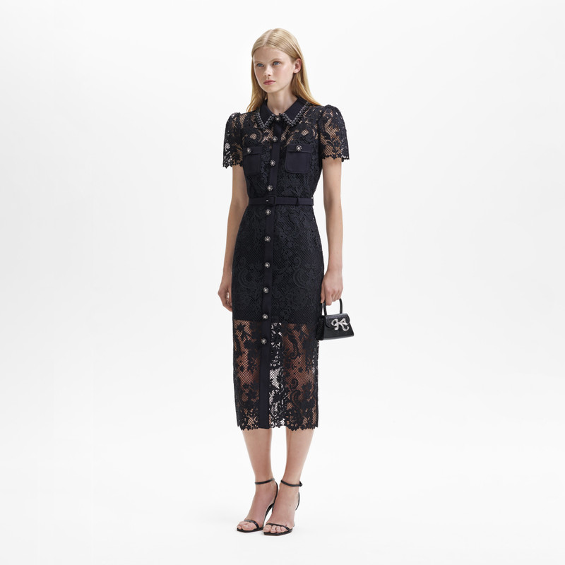 self-portrait Black Lace Button Front Midi Dress - AW23-918M-B | REVERSIBLE