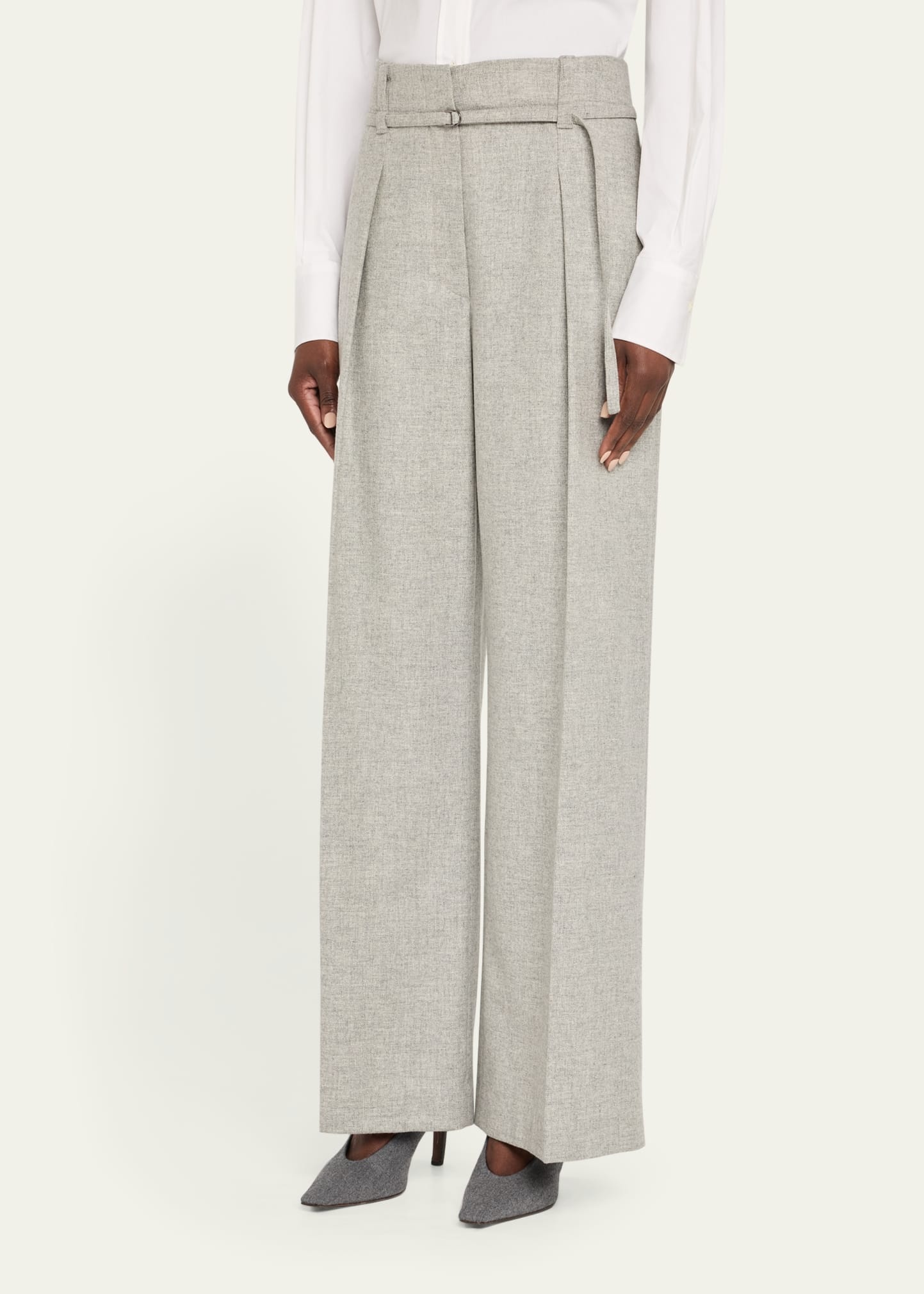 Cashmere-Wool Flannel Wide Sartorial Pants With Belt - 4