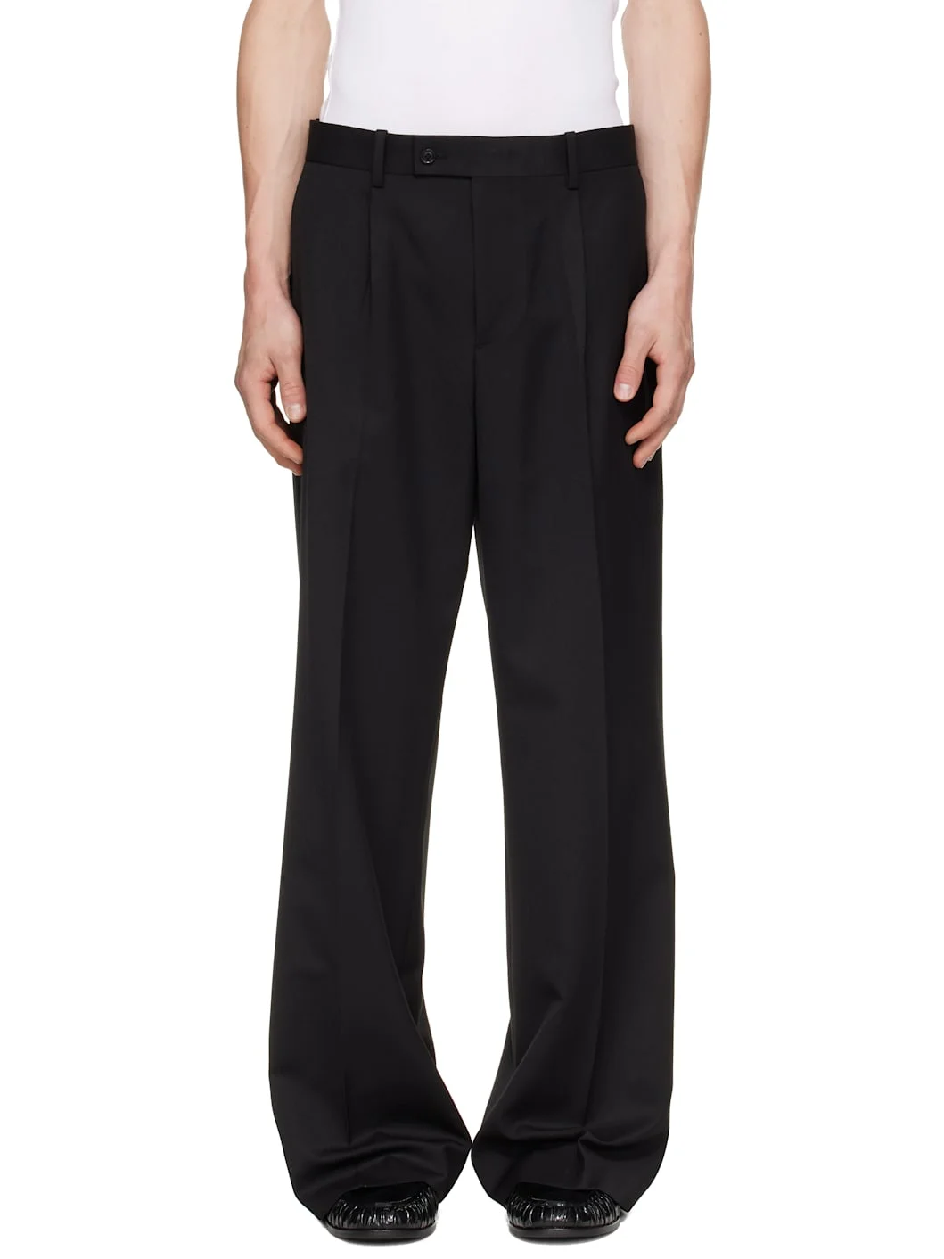 Black Melange Wool Wide-Leg Pleated Trousers - 1