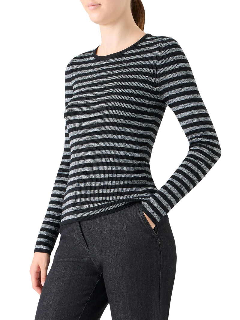 Women's Metallic Striped Merino Wool Rib-Knit Sweater - Black Brushed Steel 4