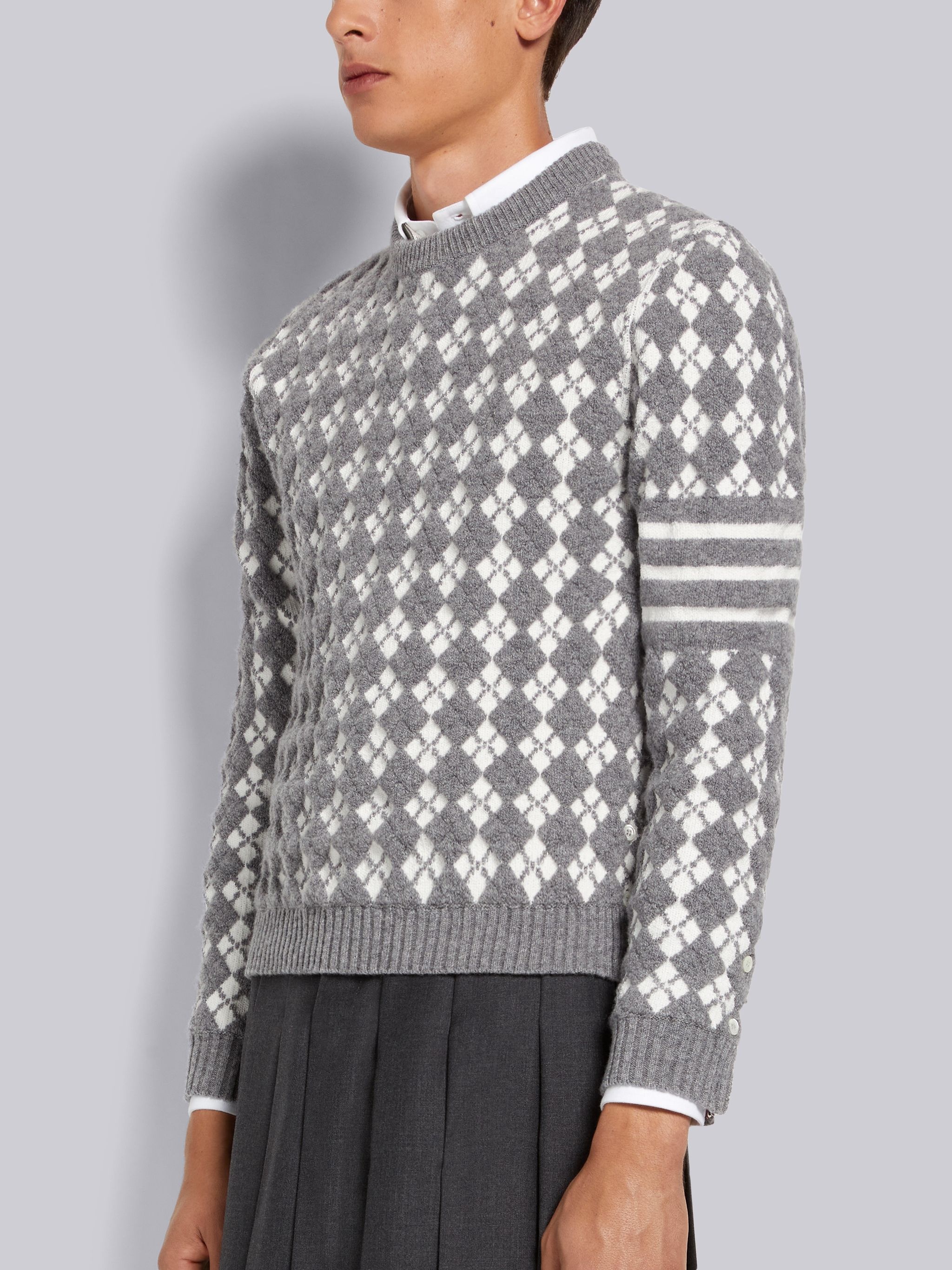 Light Grey Terry Stitch Argyle Jacquard 4-Bar Crew Neck Pullover - 2