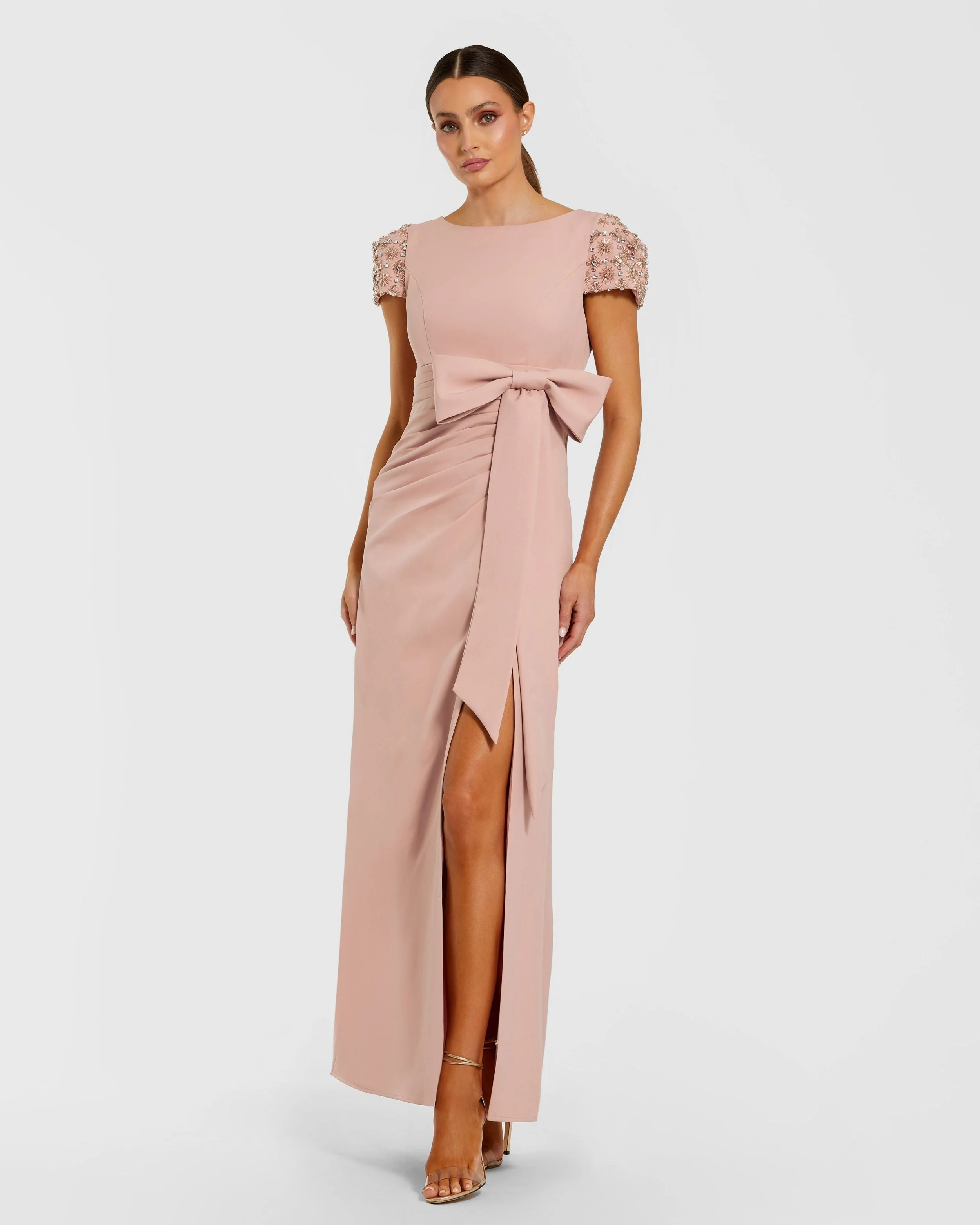 Pink Beaded Cap Sleeve Crepe Gown With Bow and Slit - 1