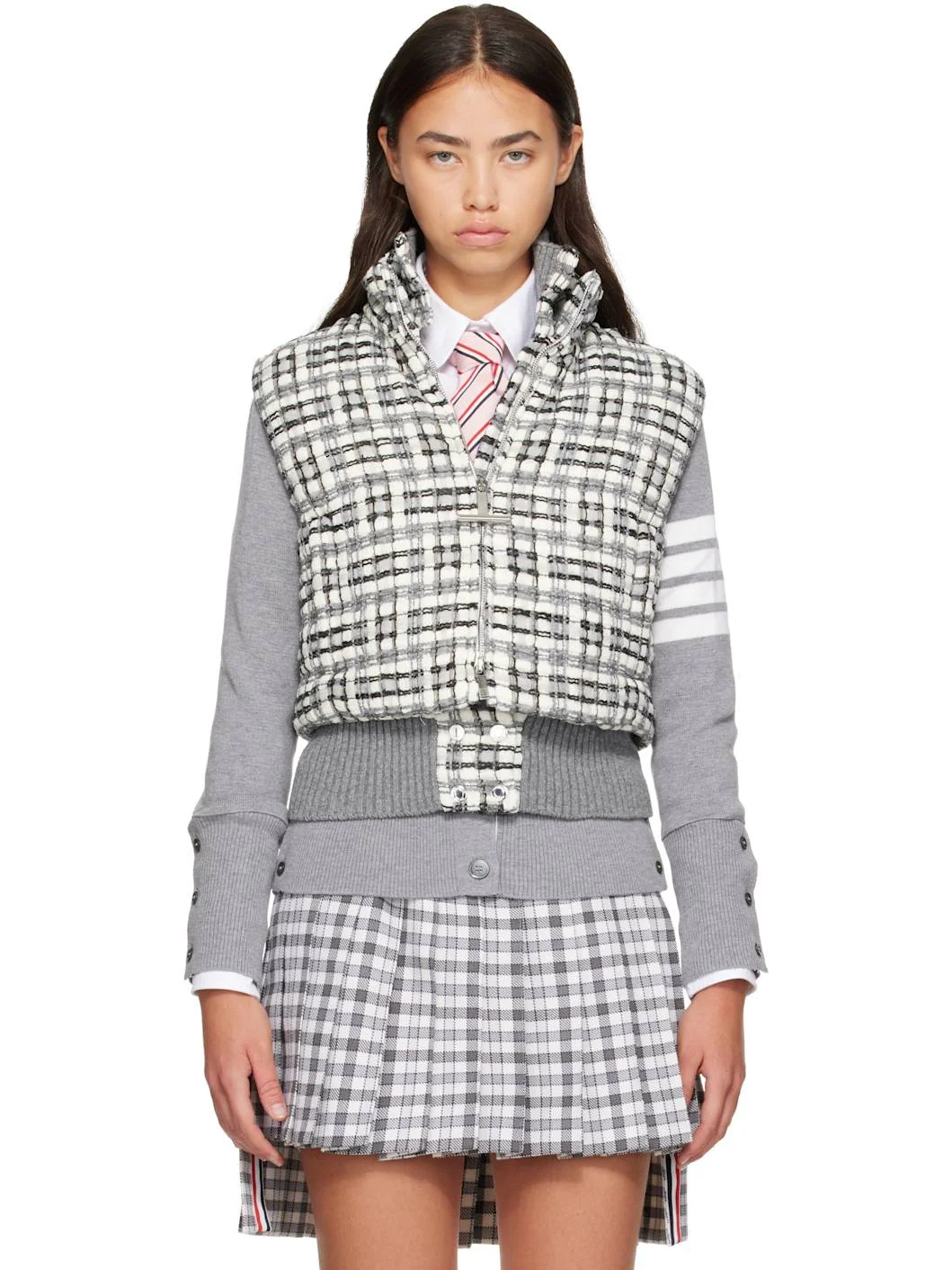 Gray Organza Ribbon Tweed Down Vest - 1