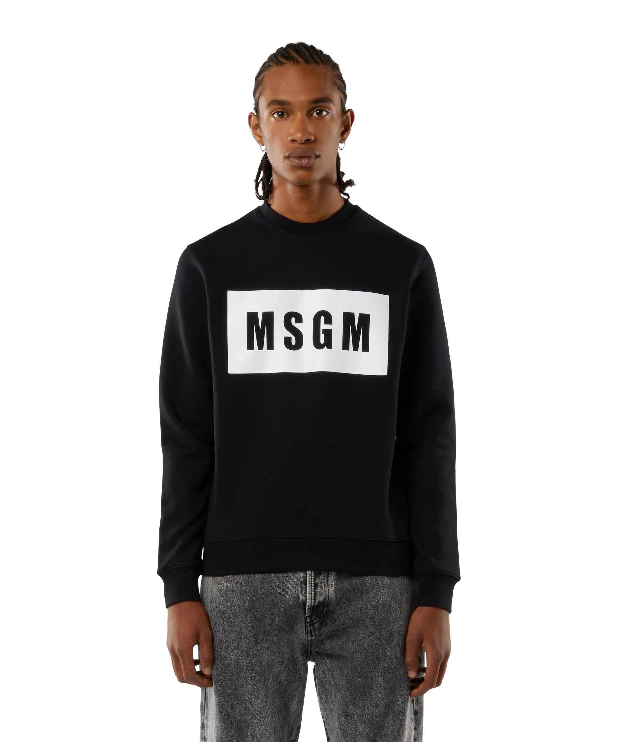 Solid colour cotton sweatshirt with a box logo - 1