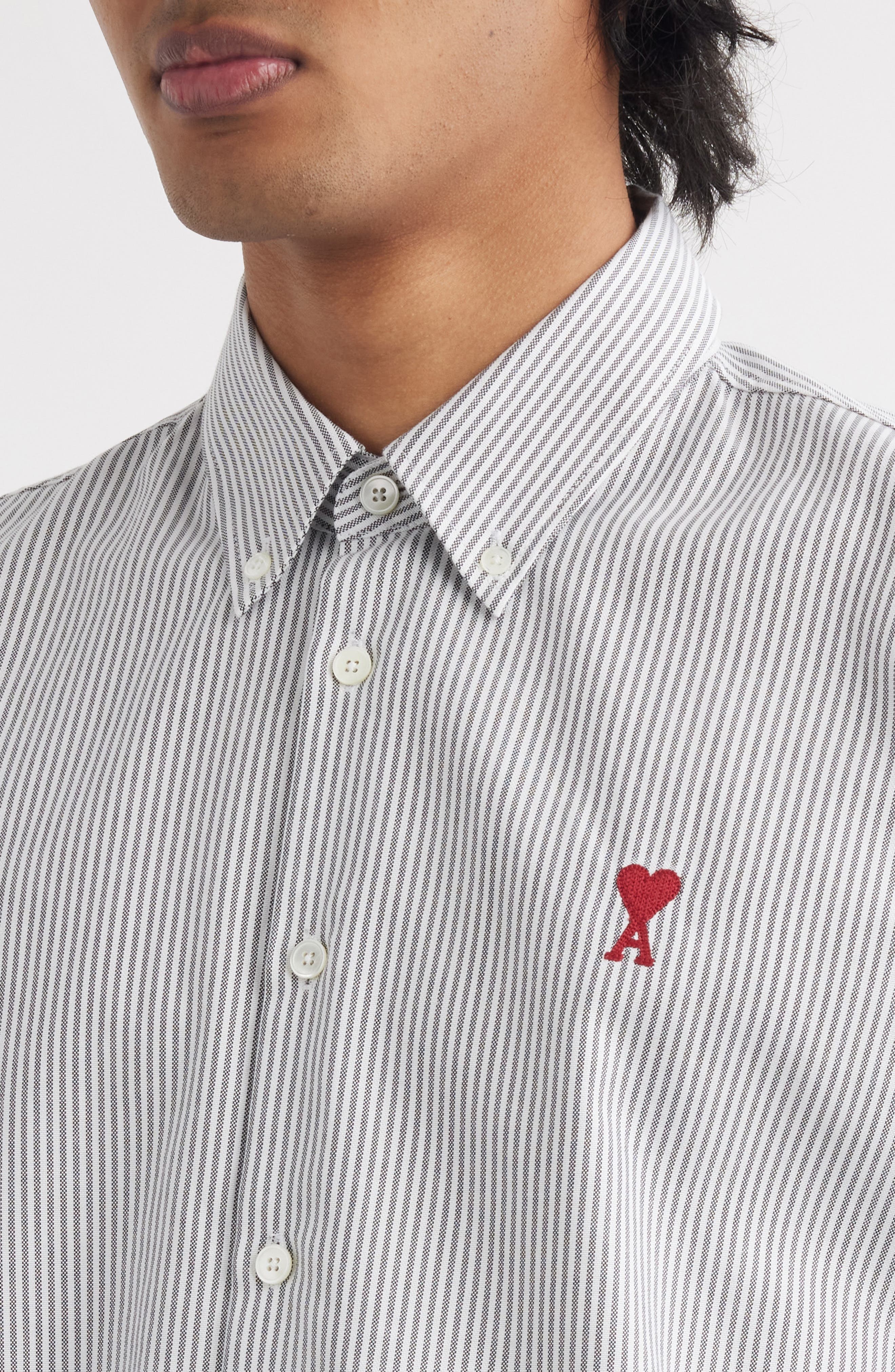 AMI PARIS Ami de Coeur Stripe Cotton Oxford Button-Down Shirt in Black/natural White/039 at Nordstro - 5