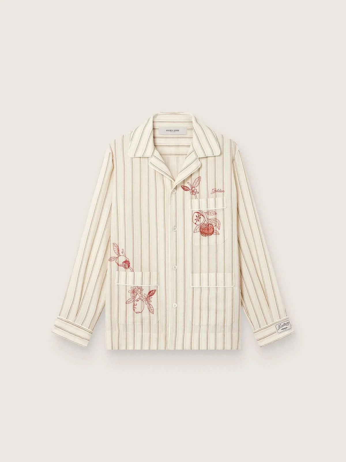Unisex shirt in ecru and sand striped cotton and linen with embroidery - 1