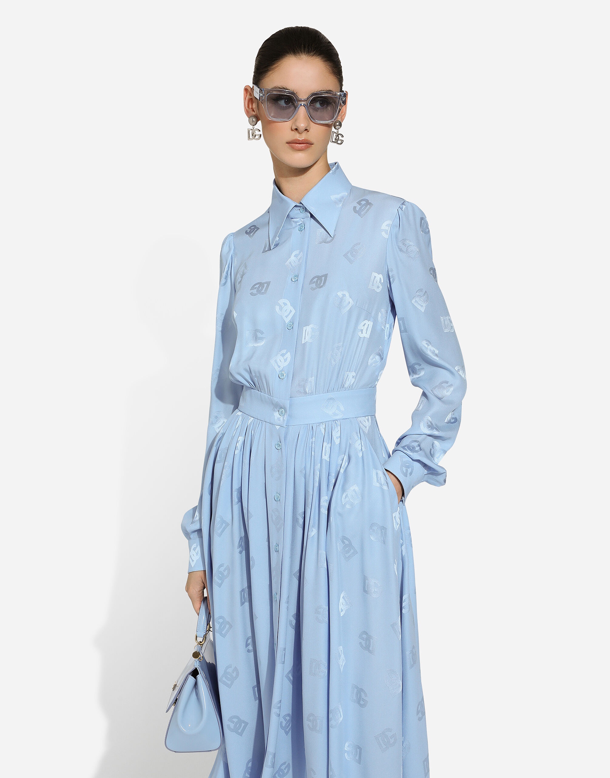 Silk satin jacquard shirt dress with DG logo - 4