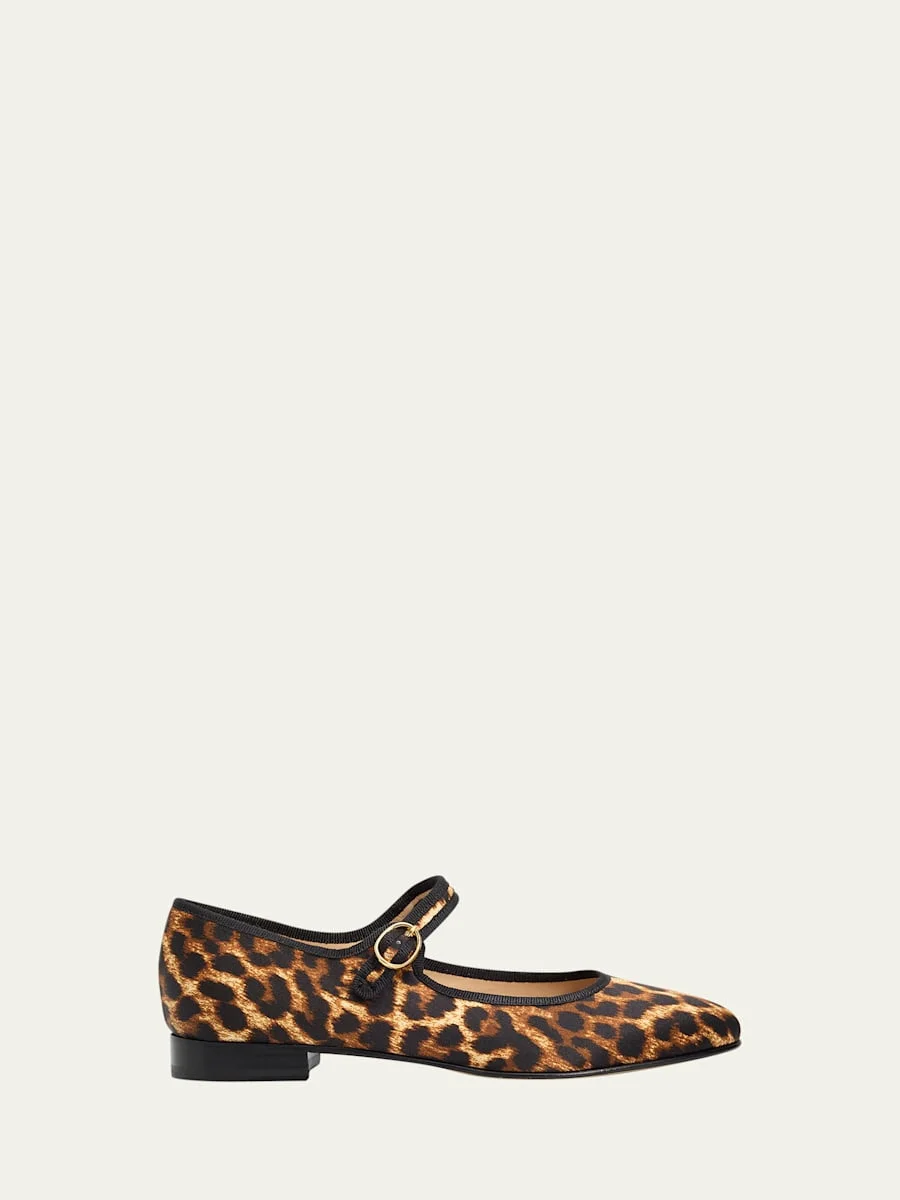 Leopard-Print Silk Mary Jane Ballerina Flats - 1