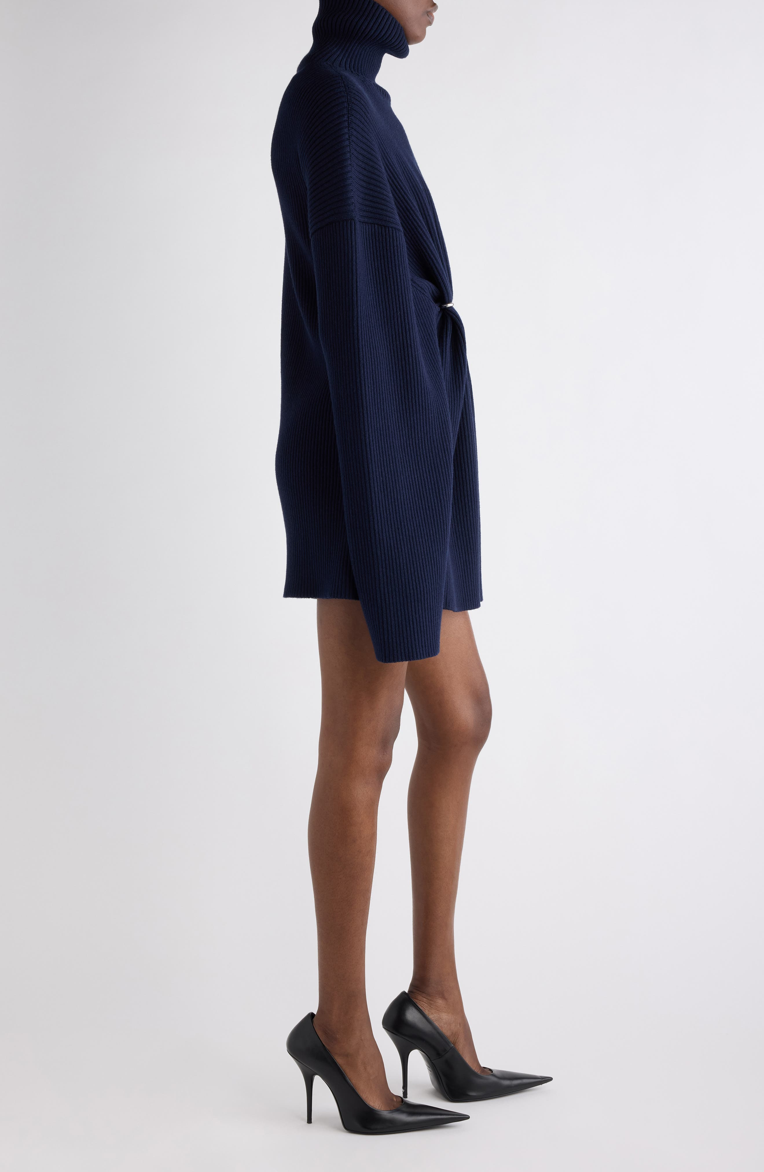 Balenciaga Pinched Long Sleeve Wool Rib Dress in 4140 Navy at Nordstrom - 4