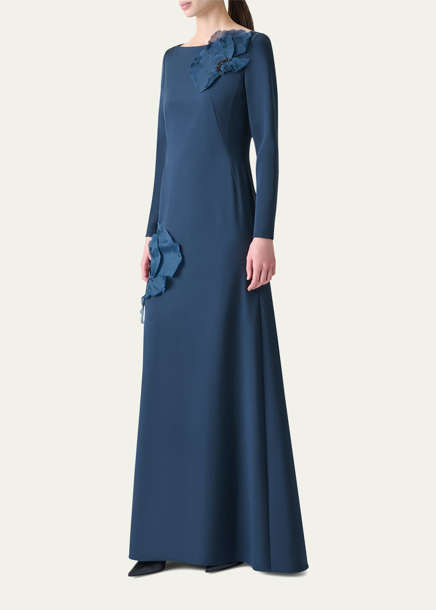Organza Anemone Corsage Long-Sleeve Crepe Gown - 4