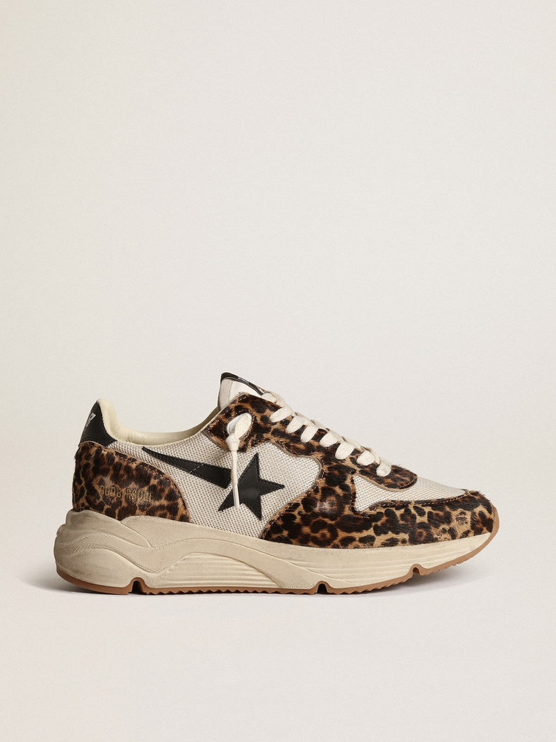 Running Sole sneakers in cream-colored mesh with leopard-print pony skin inserts and black leather s - 1