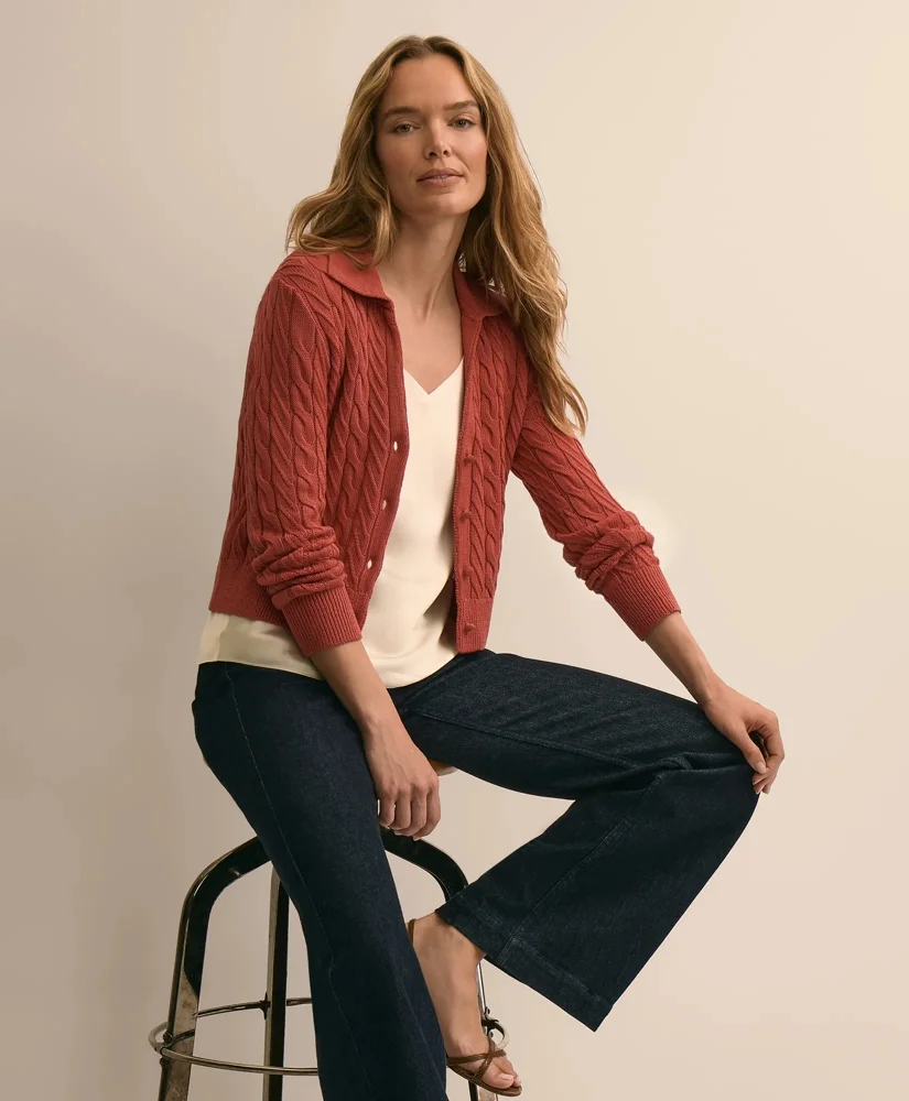 Cropped Cotton Cable-Knit Polo Cardigan - 1