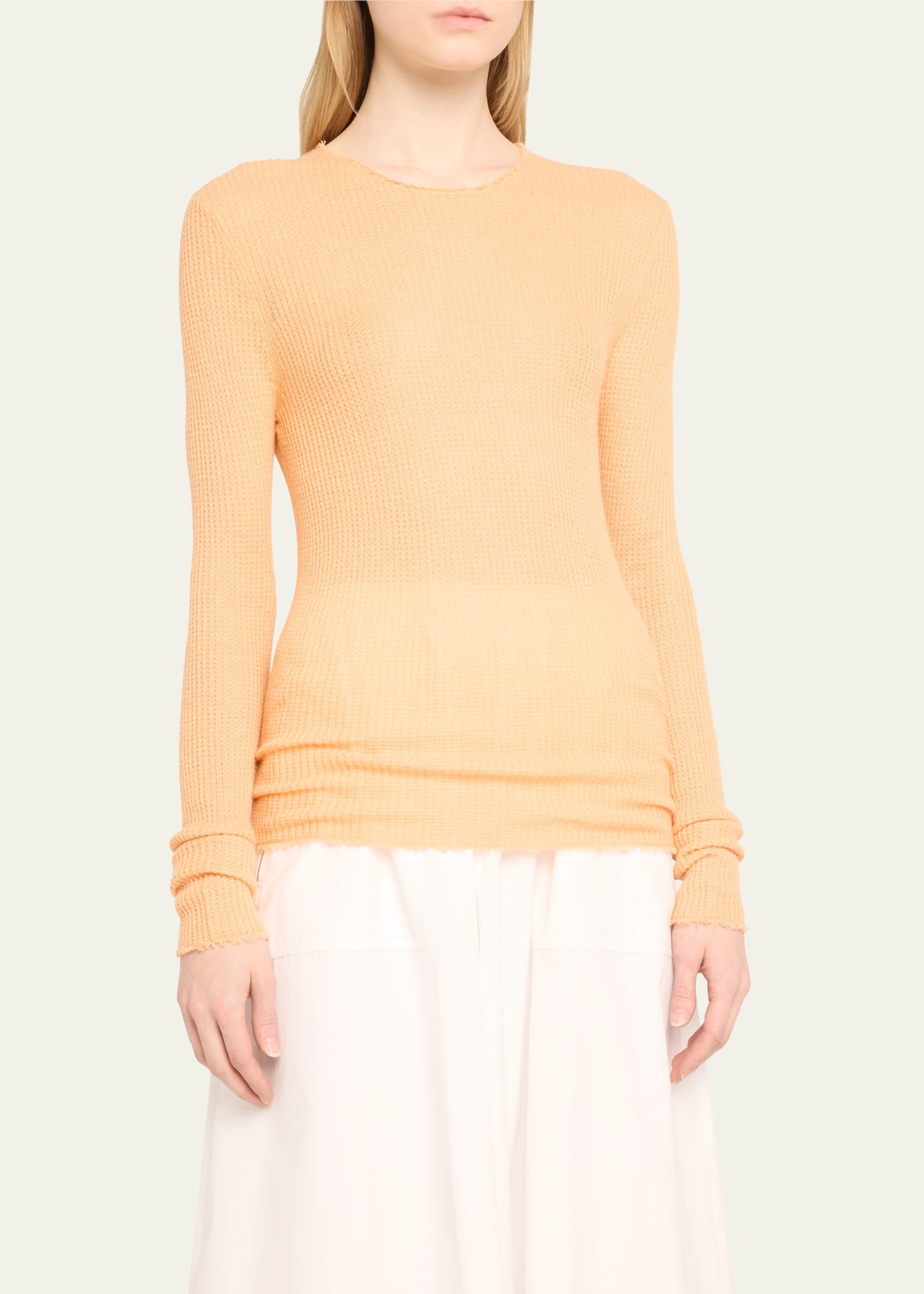 Waffle-Stitch Cashmere Silk Crewneck Pullover Top - 4