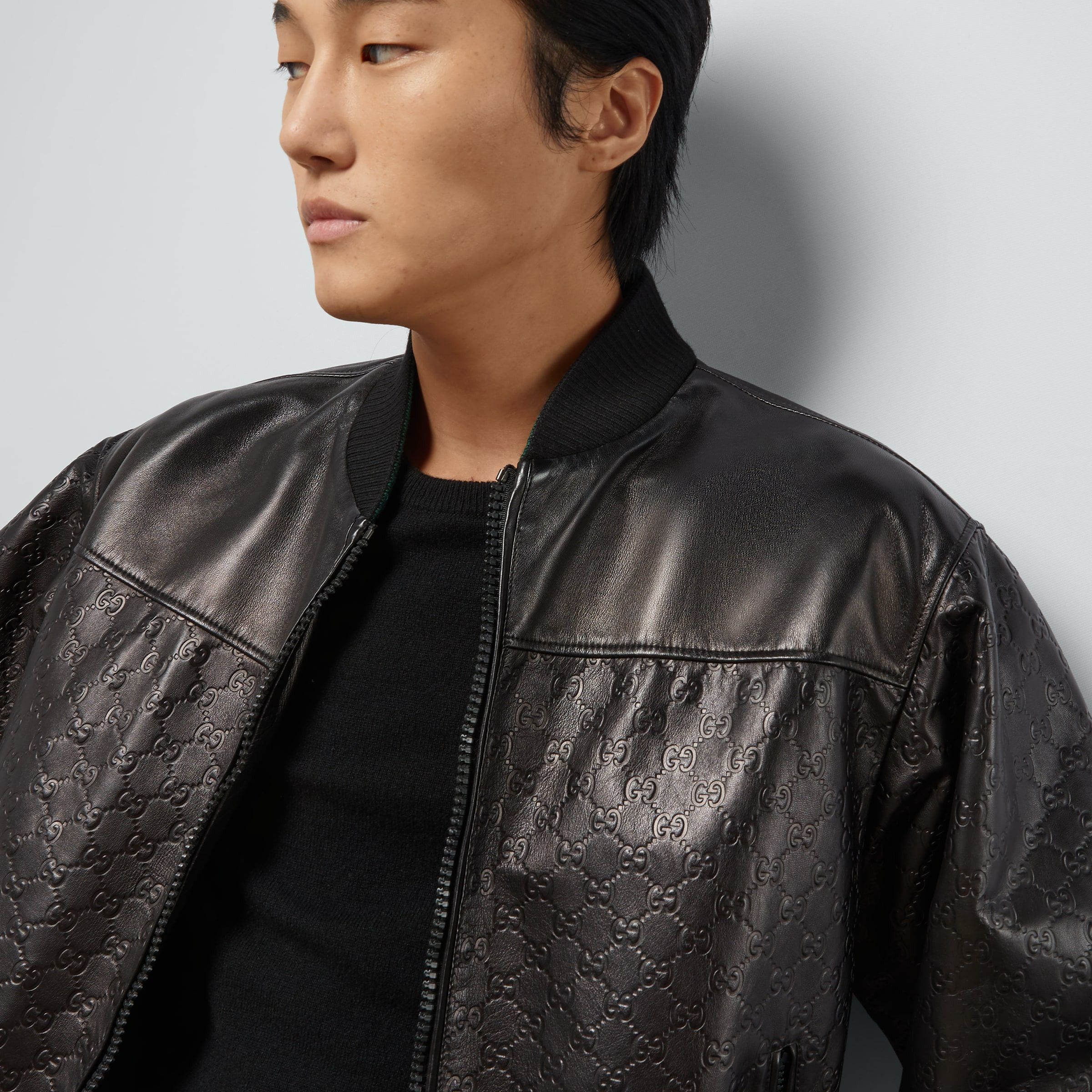 GG embossed leather bomber jacket - 3
