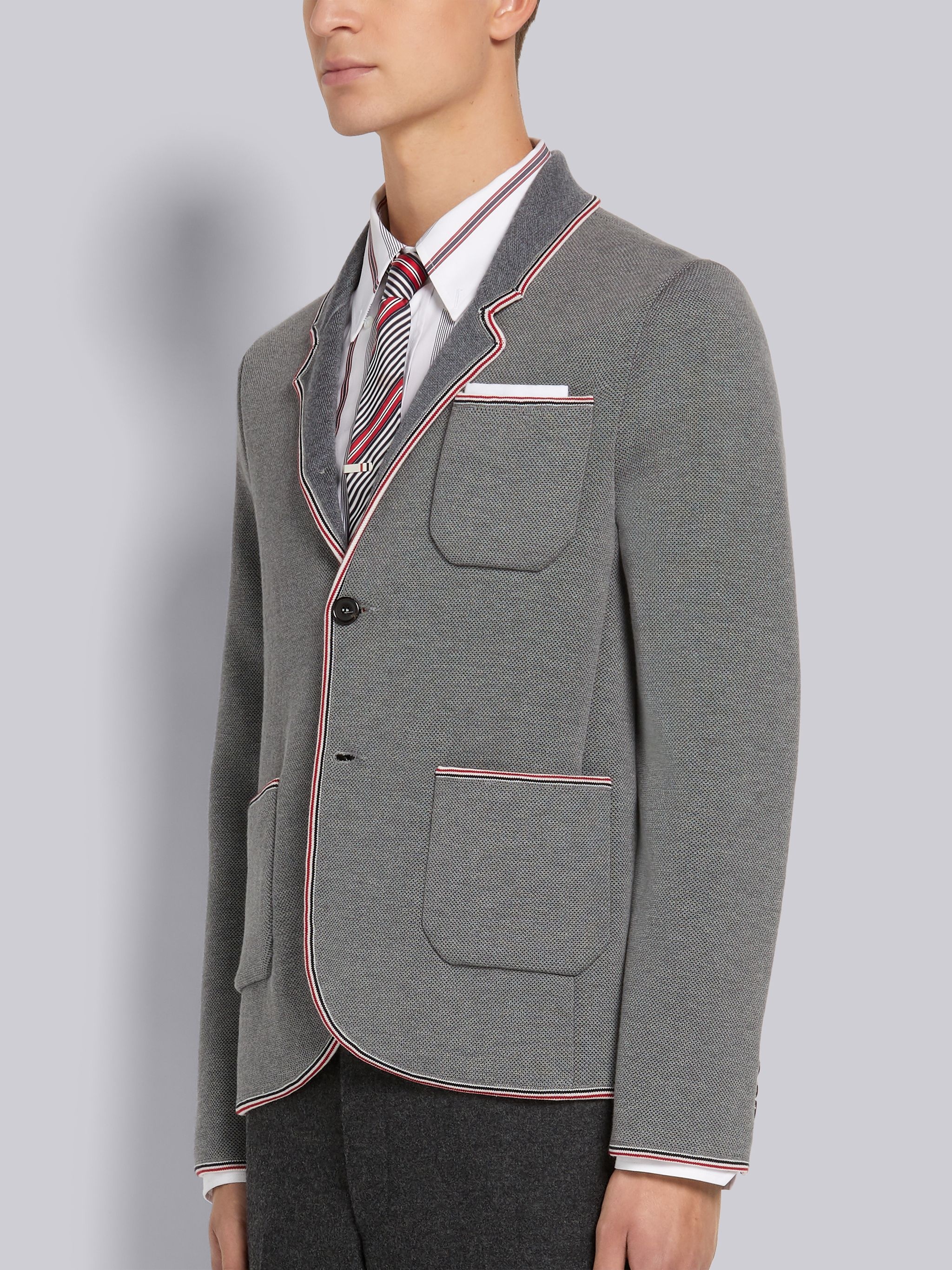 Light Grey Pique and Jersey Jersey Stitch Stripe Tipping Sport Coat - 2