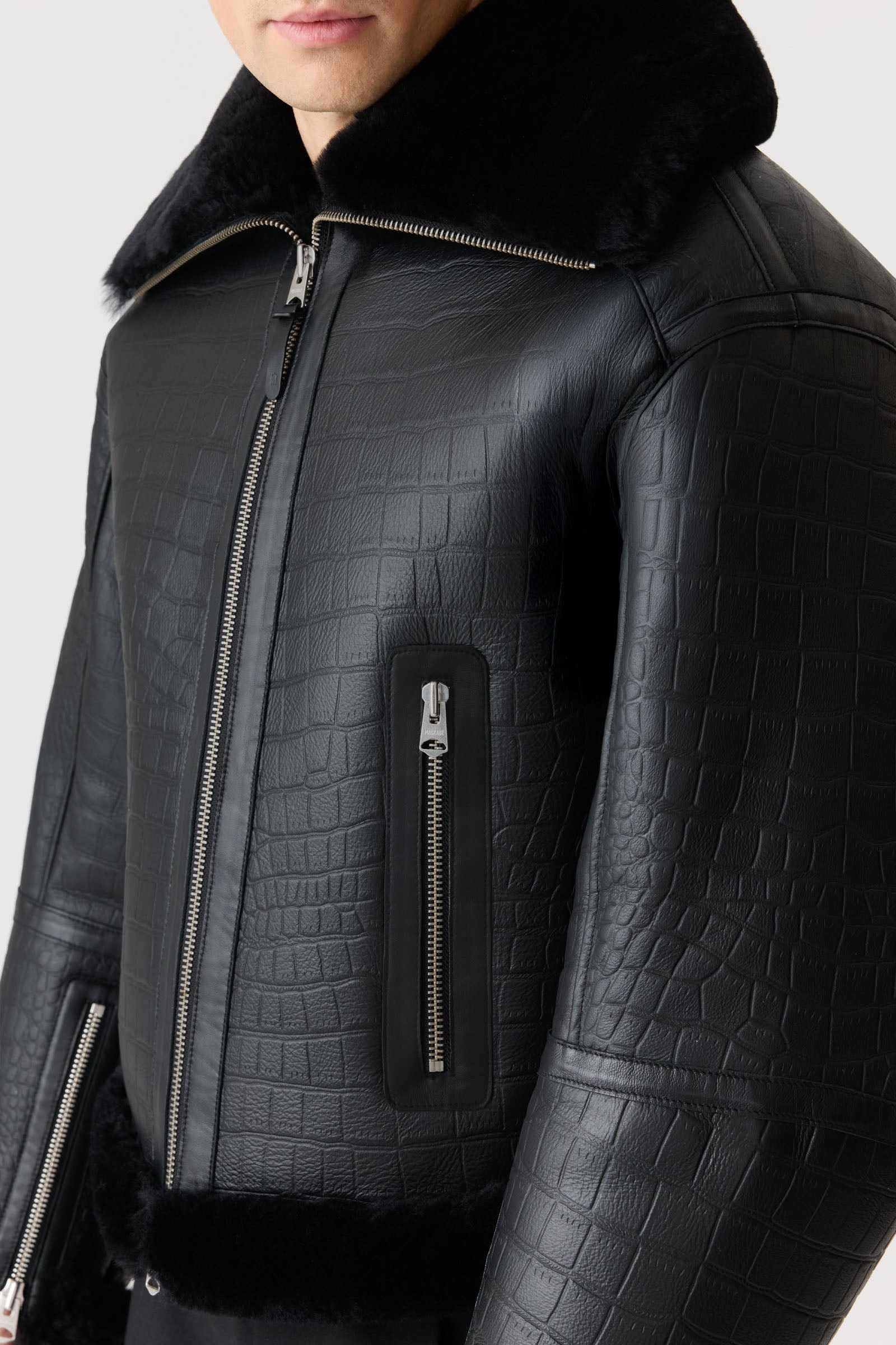 MEMPHIS Croc Embossed Oversized Shearling Jacket - 6