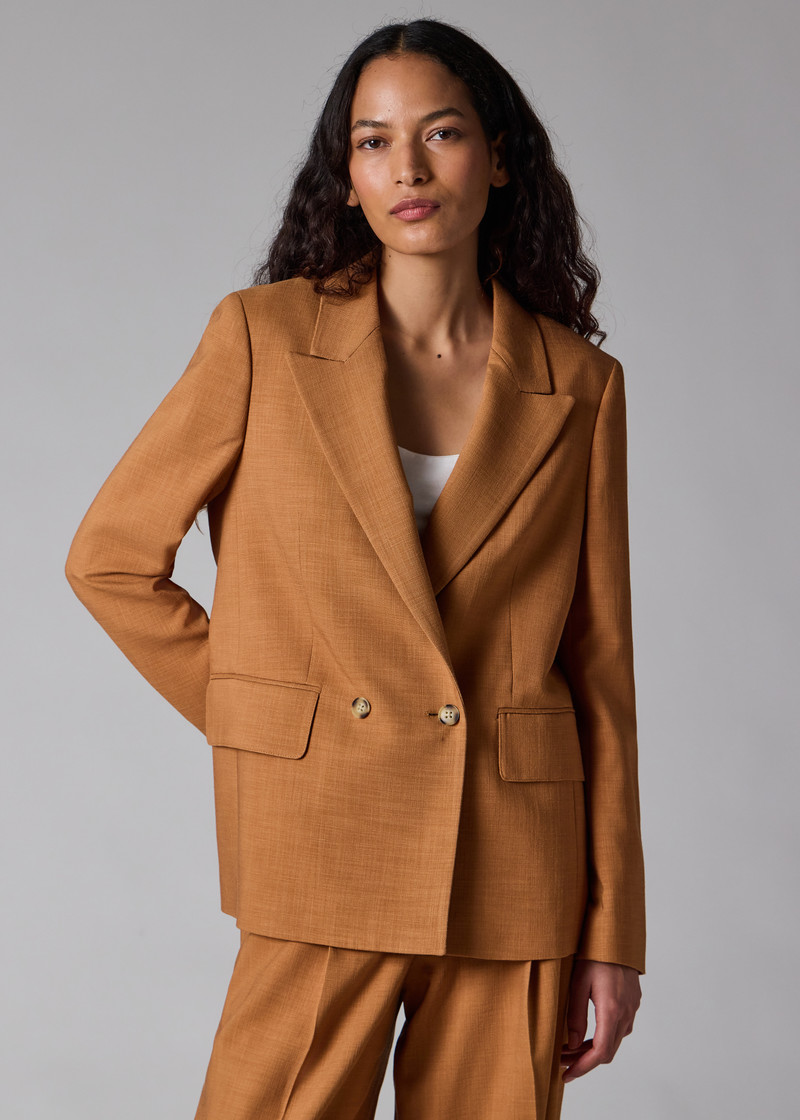 Women's Tan Textured Double-Breasted Blazer 5