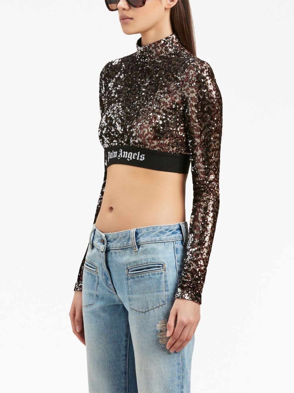 logo-strap sequin cropped top - 4
