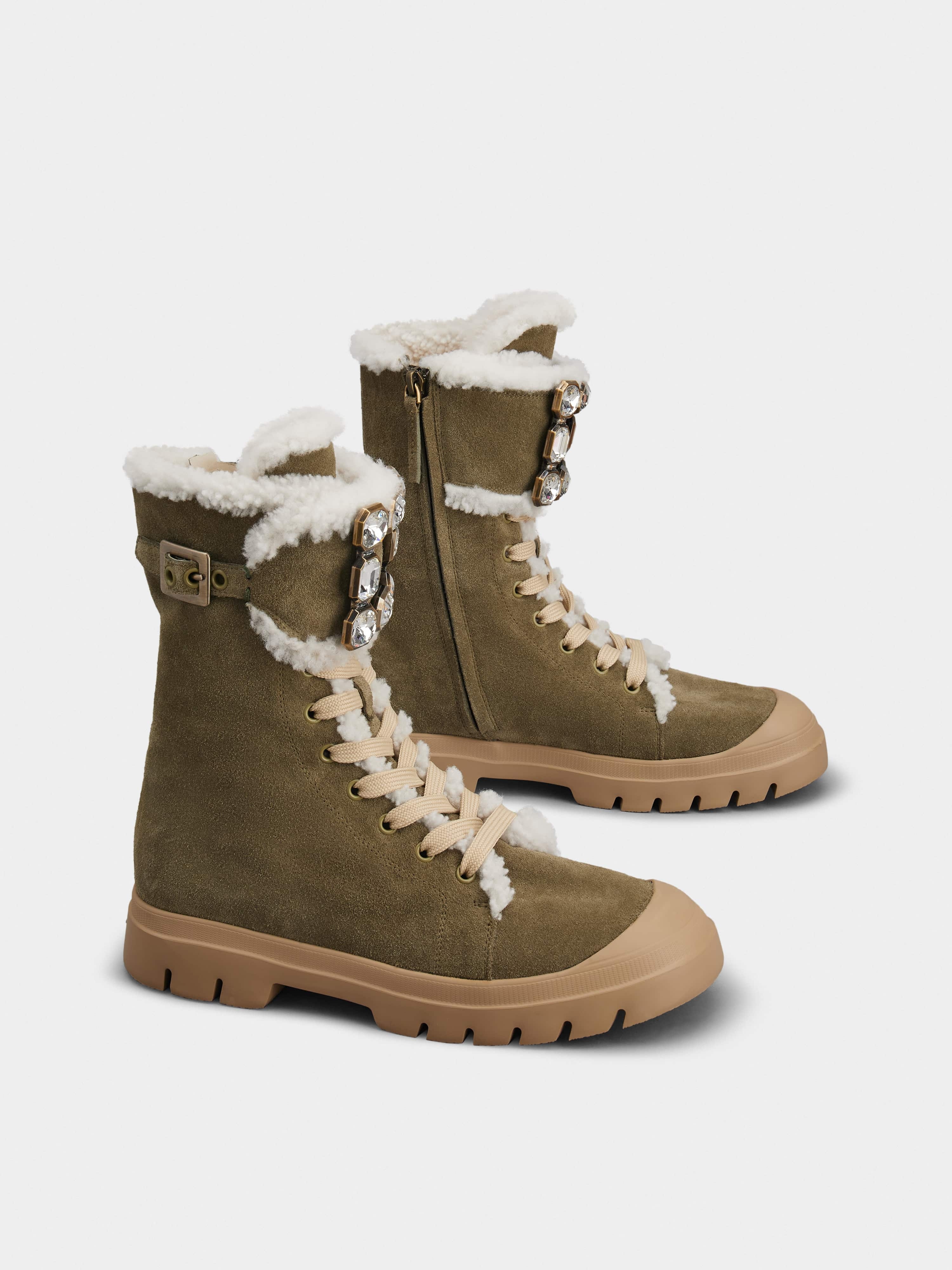 Walky Viv' Strass Buckle Lace Up Shearling Boots in Suede - 2