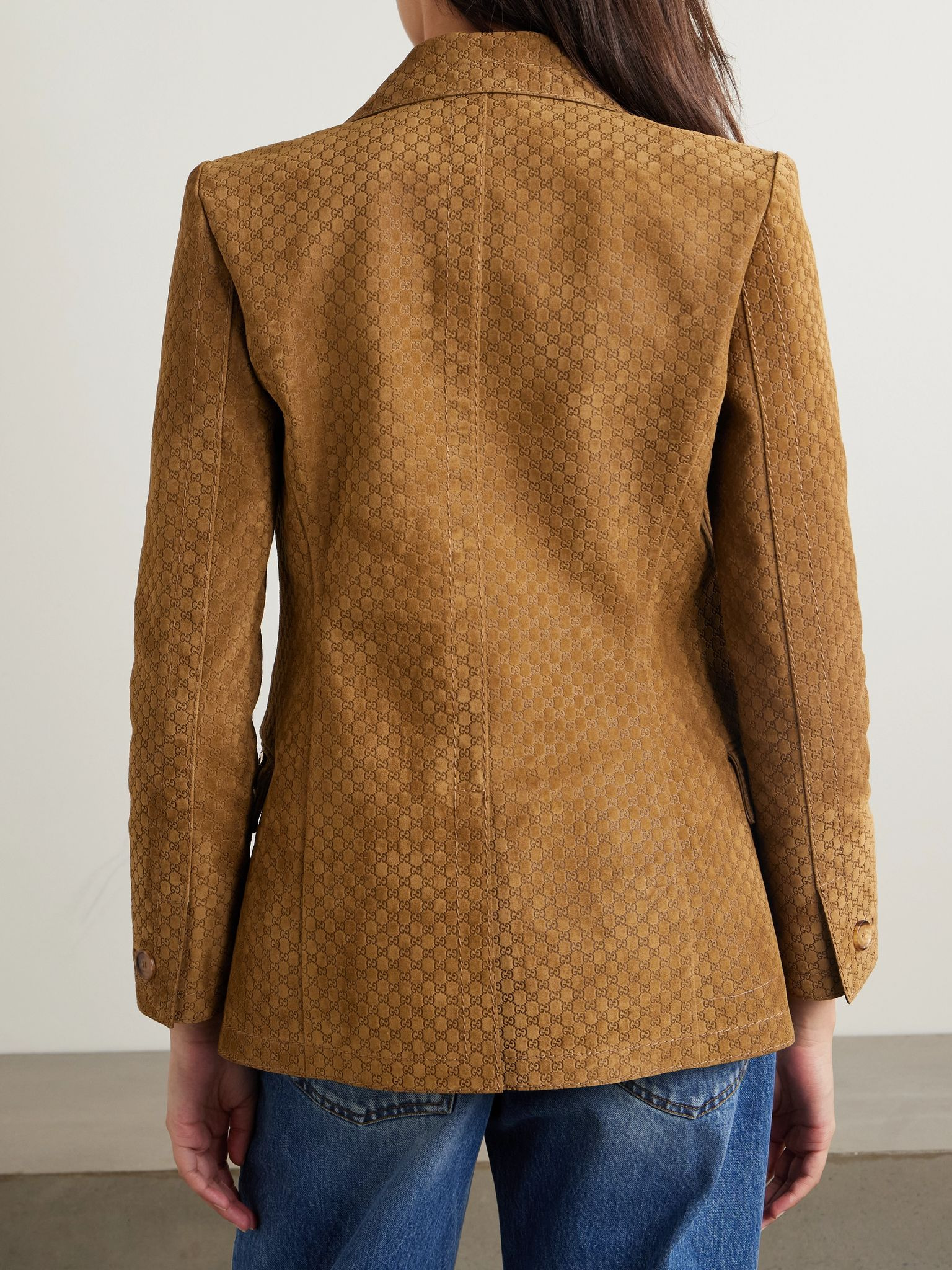 Double-breasted horsebit-detailed debossed suede blazer Brown - 4